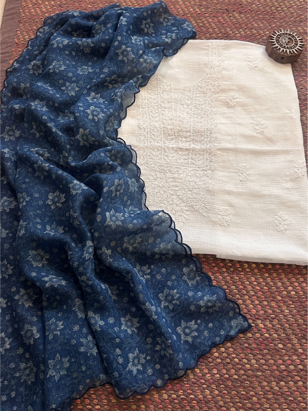 Chikankari Hand Embroidered Fabric with Indigo Hadblocked Kota Dupatta