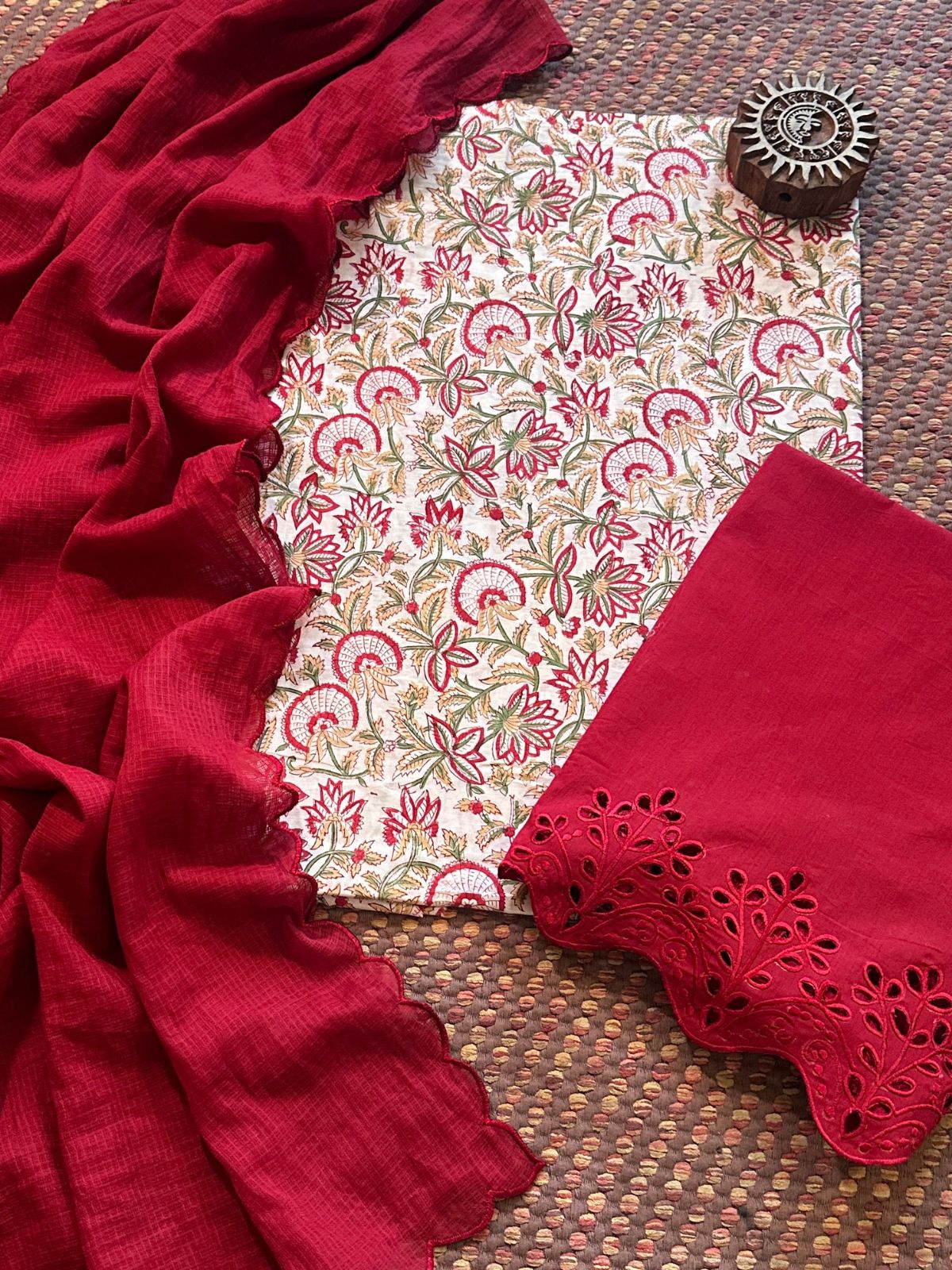 Pure Cotton Hand-blocked Fabric with Cutwork Bottom & Kota Doria Dupatta