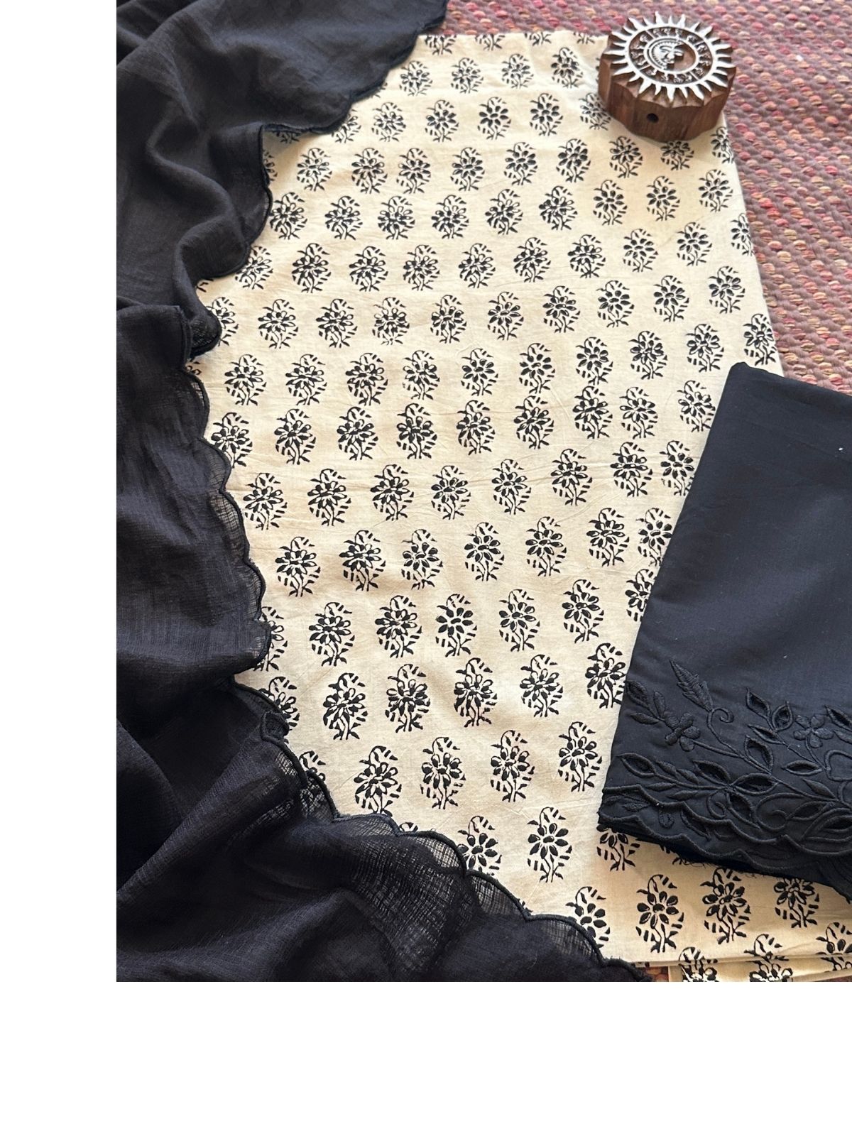 Pure Cotton Hand-blocked Fabric with Cutwork Bottom & Kota Doria Dupatta