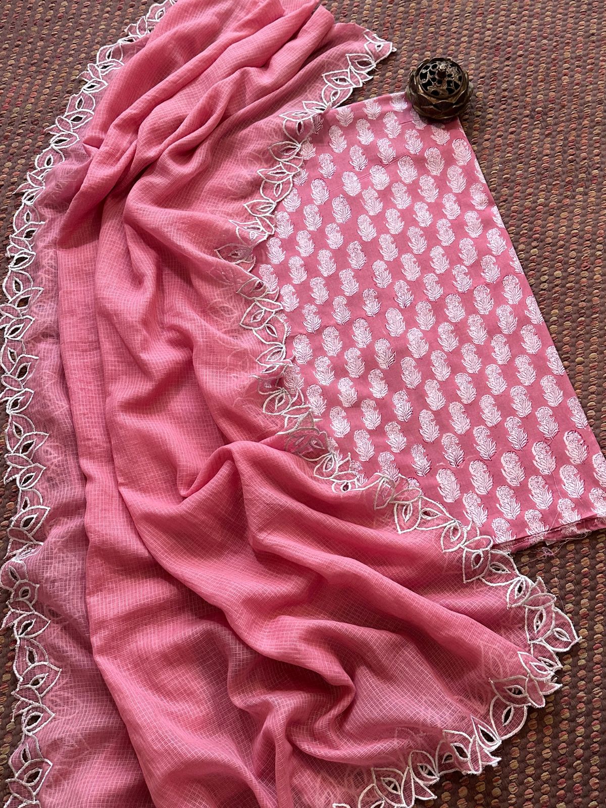 Pure Cotton Handblock Fabric with Cutwork Embroidered Dupatta
