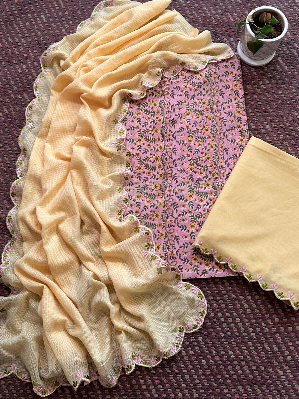 Pure Cotton Hand-block Fabric with Embroidered Bottom & Kota Doria Dupatta