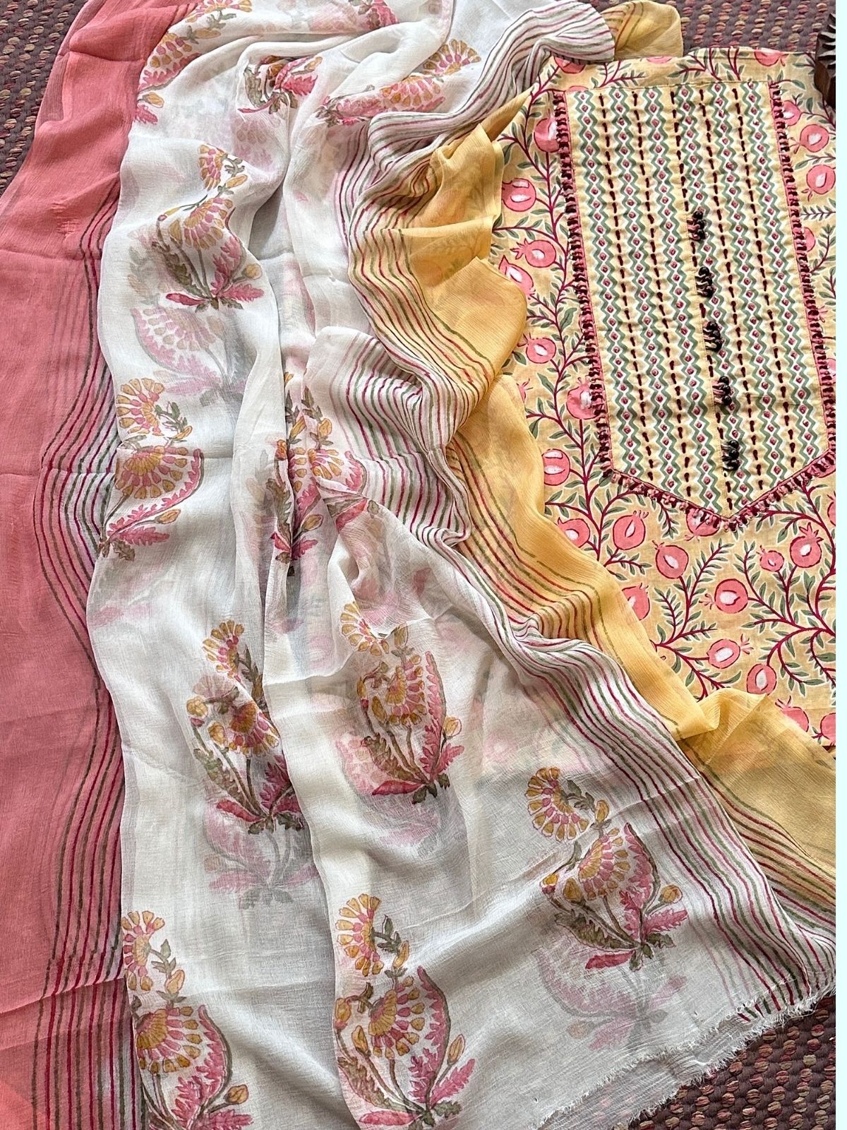 Pure Cotton Handblocked Unstitched Set with pure chiffon Dupatta