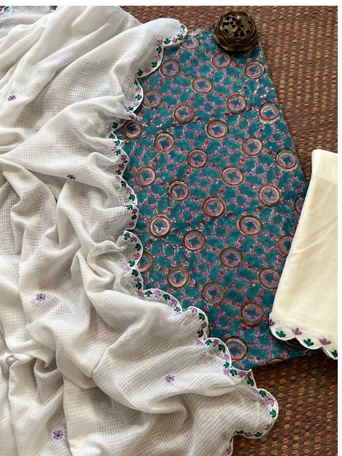 Pure Cotton Hand-block Fabric with Embroidered Bottom & Kota Doria Dupatta