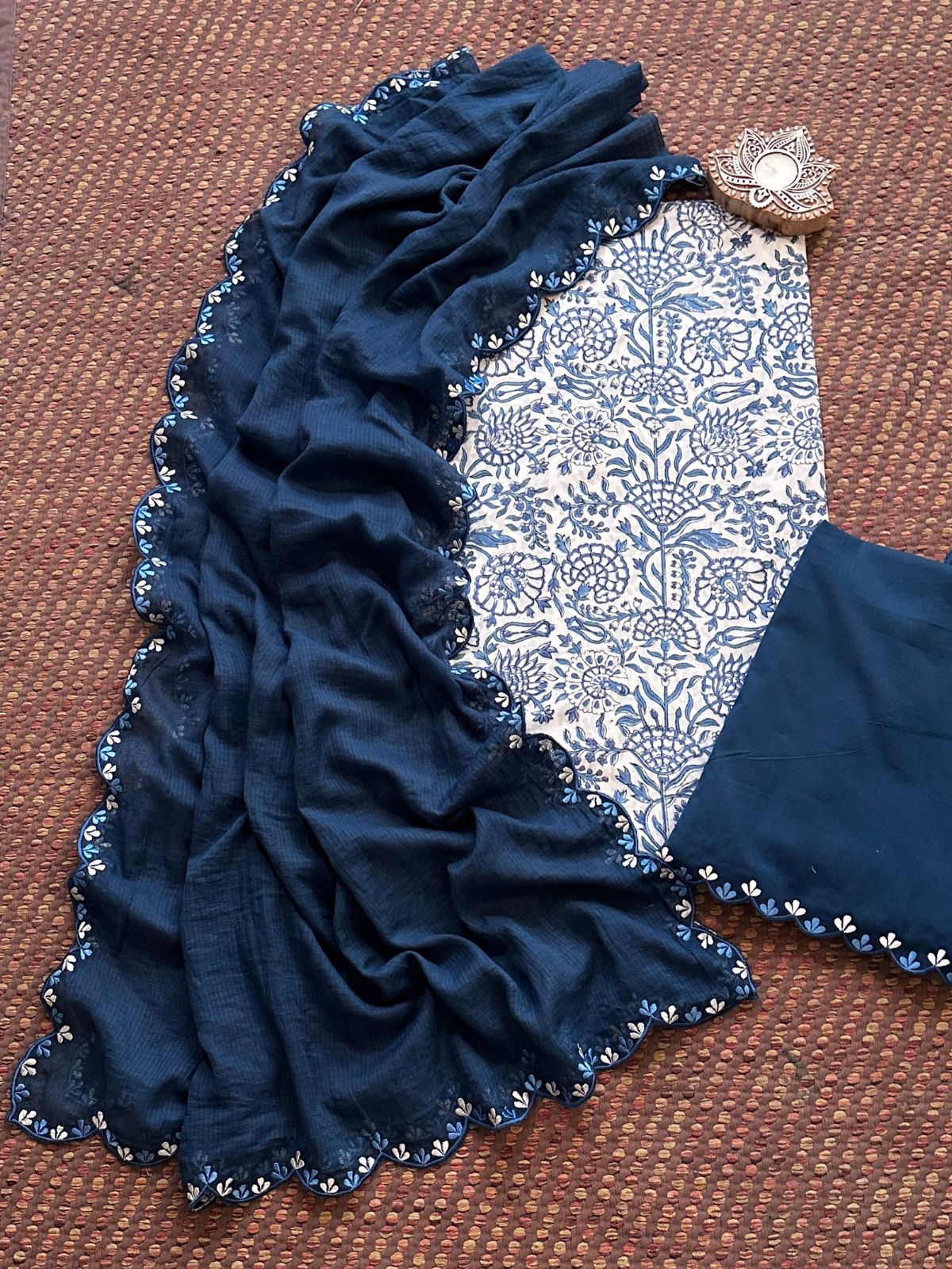 Pure Cotton Hand blocked Set with Embroidered Dupatta