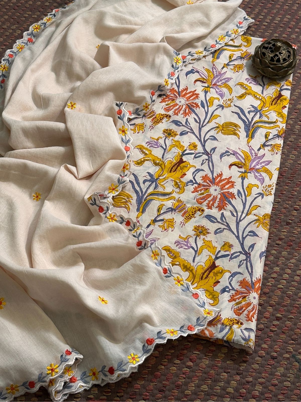 Cotton Malmal Fabric with Embroidered Malmal Dupatta Set