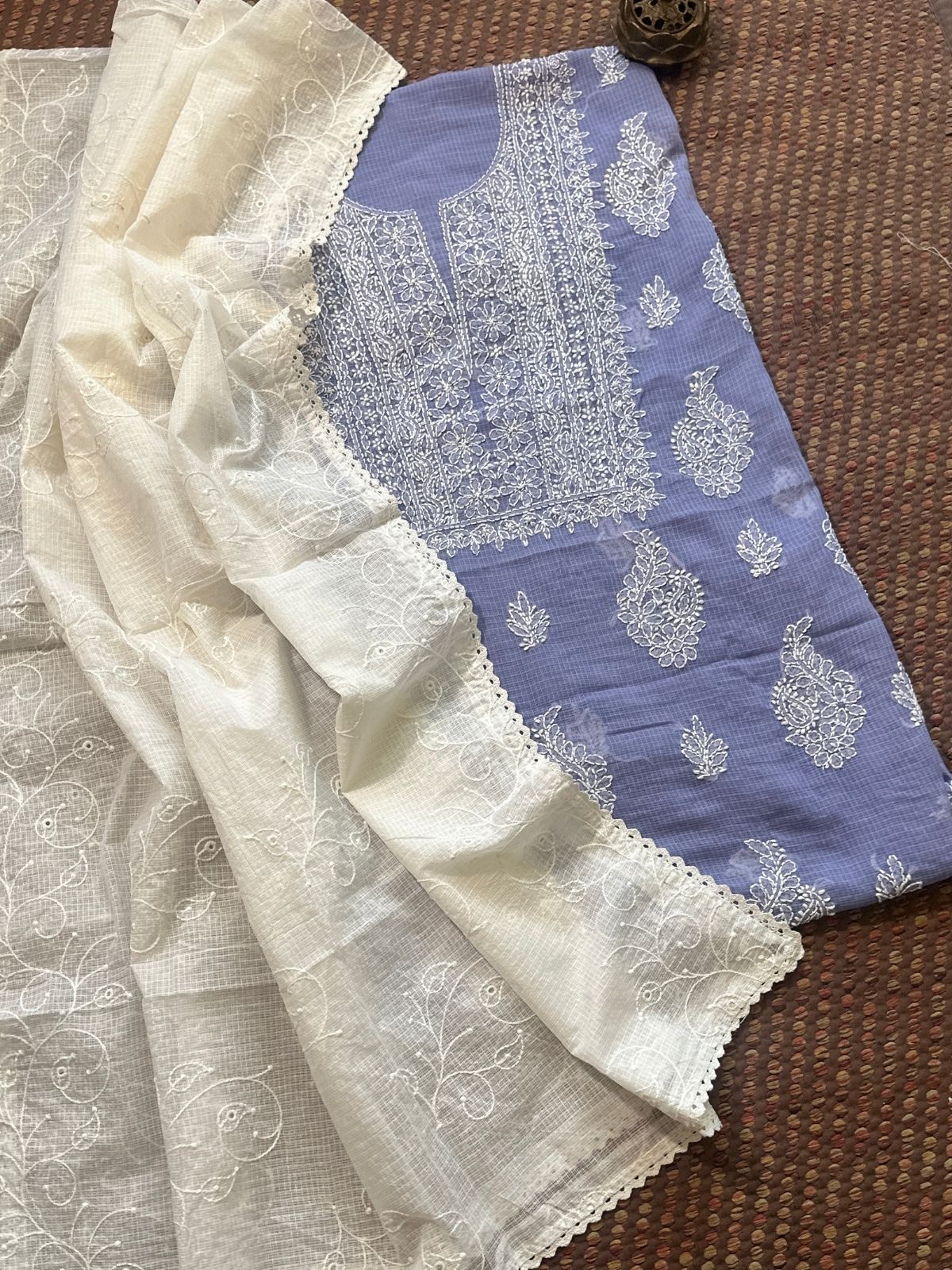 Chikankari Hand Embroidered Fabric with Kota Embroidered Dupatta