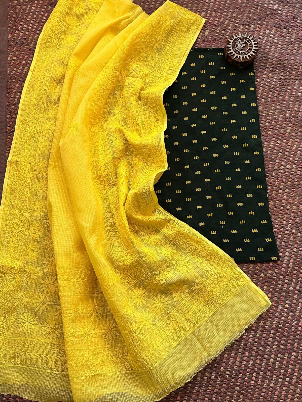 Ajrakh Handblocked Cotton Malmal Fabric with Chikankari Kota Dupatta Unstitched Set