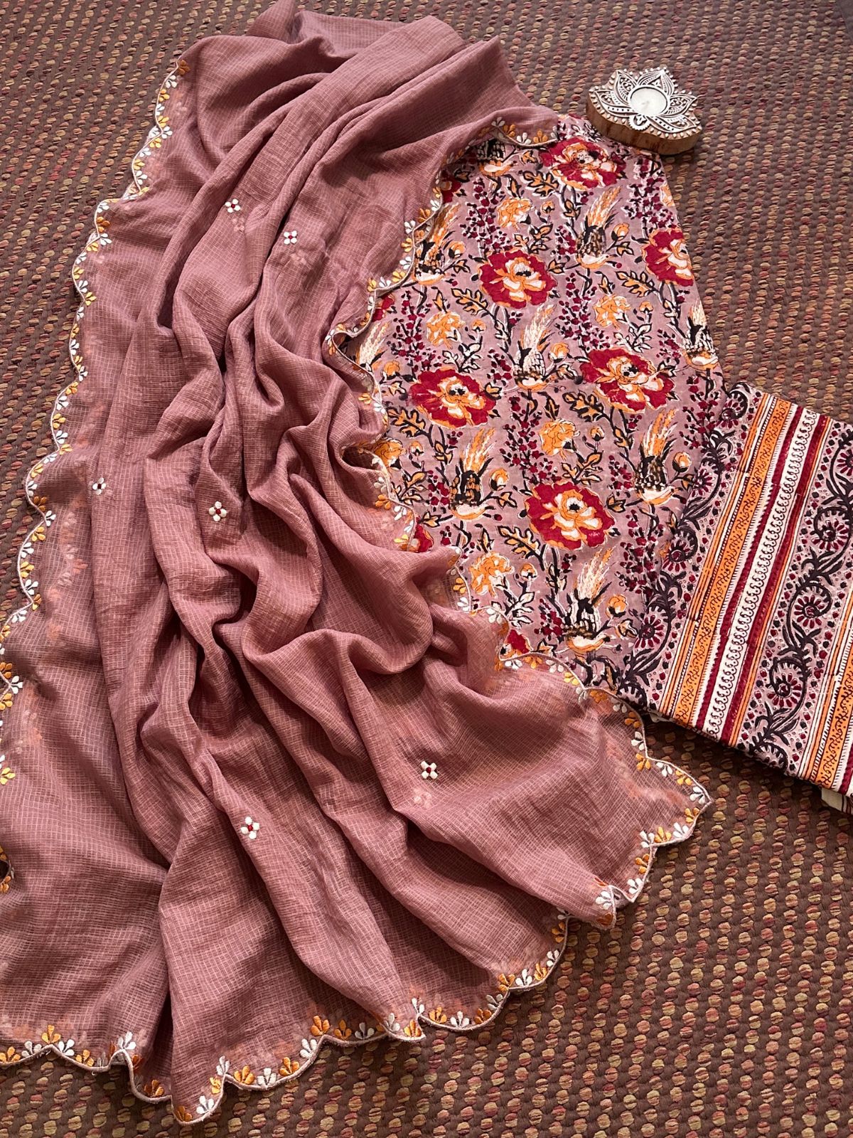 Premium Pure Cotton Malmal Hand blocked Set with Embroidered Dupatta