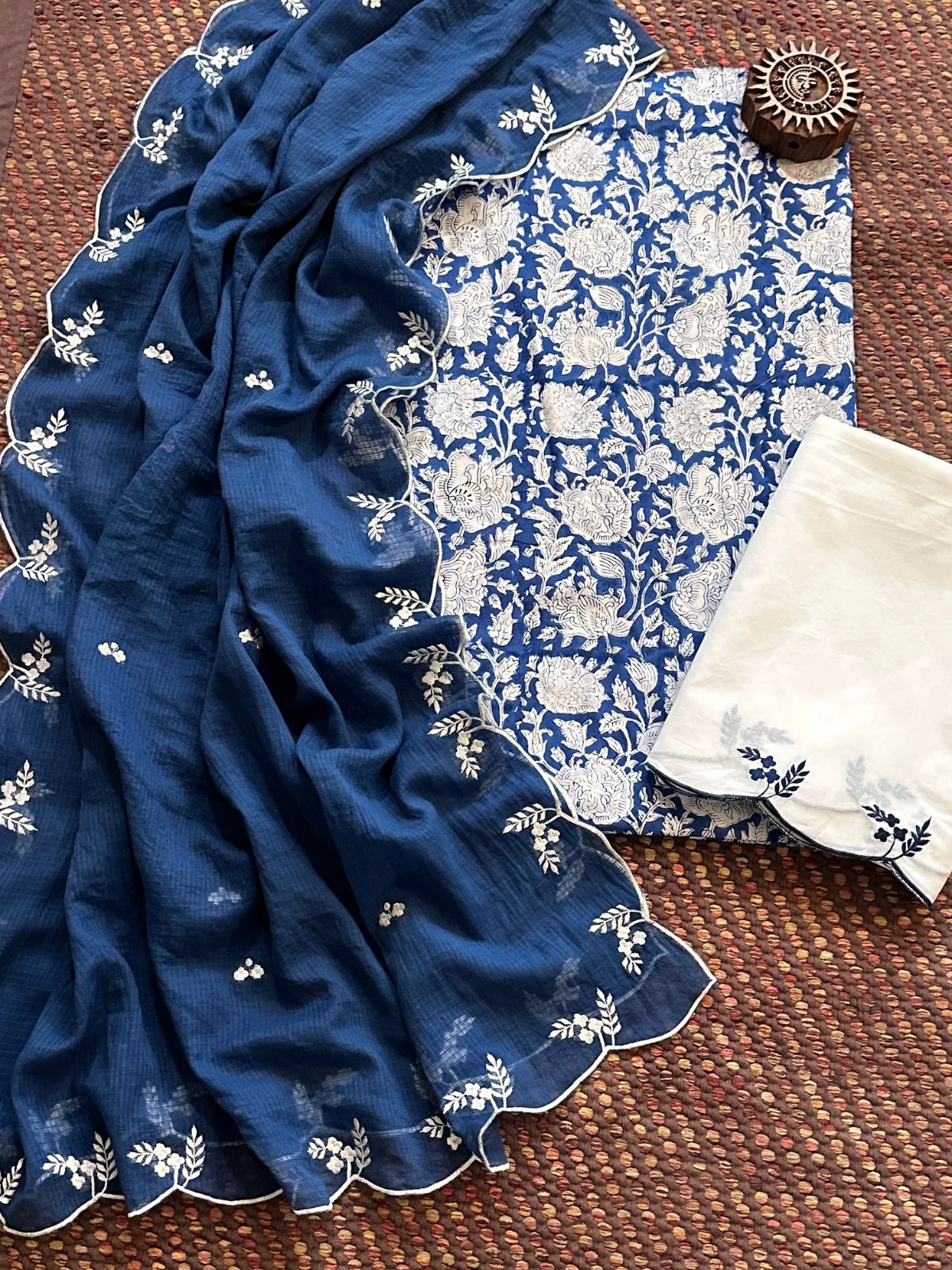Pure Cotton Hand-block Fabric with Embroidered Bottom & Kota Doria Dupatta
