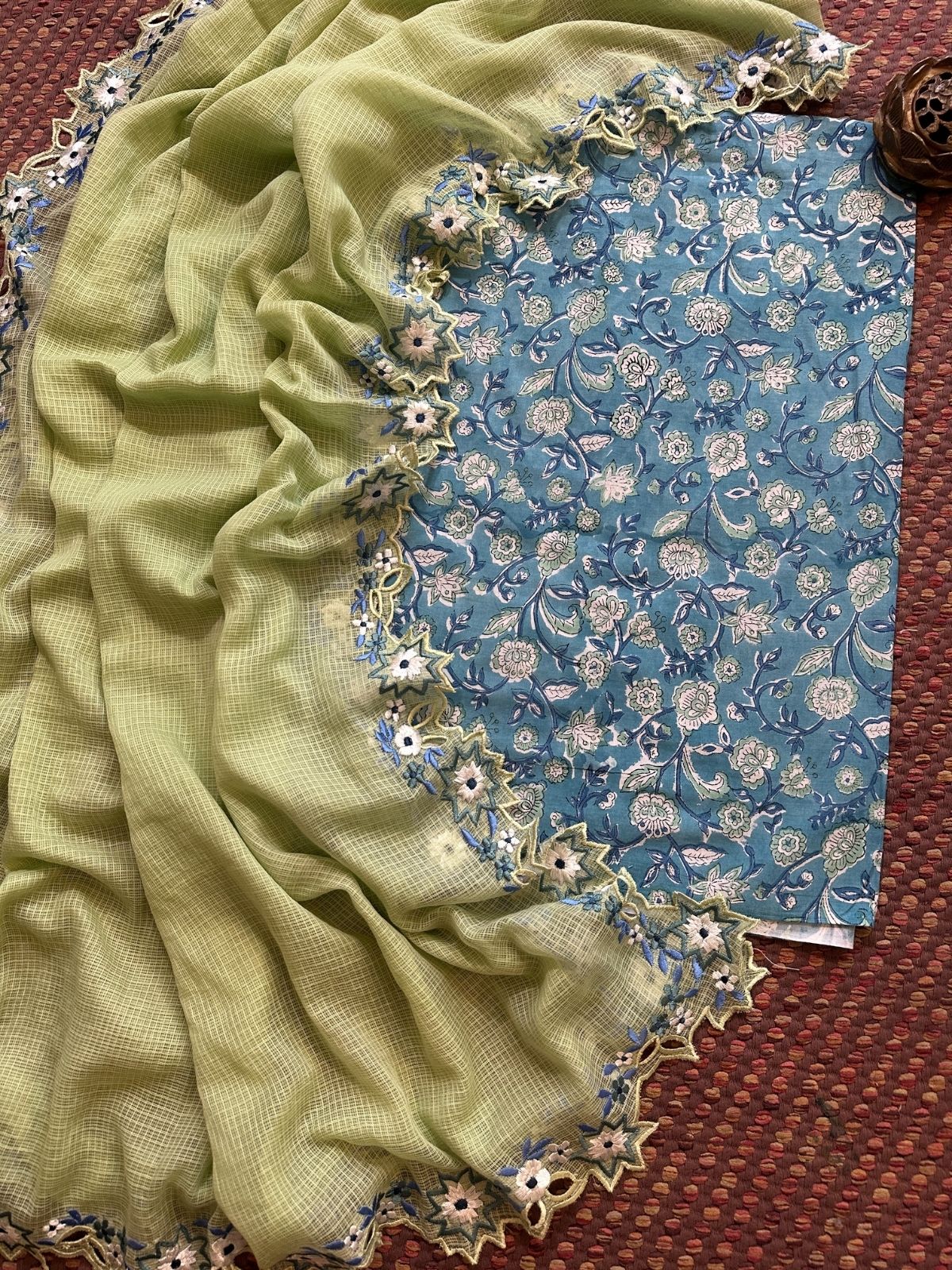 Pure Cotton Handblock Fabric with Exclusive Cutwork Embroidered Dupatta (Copy)