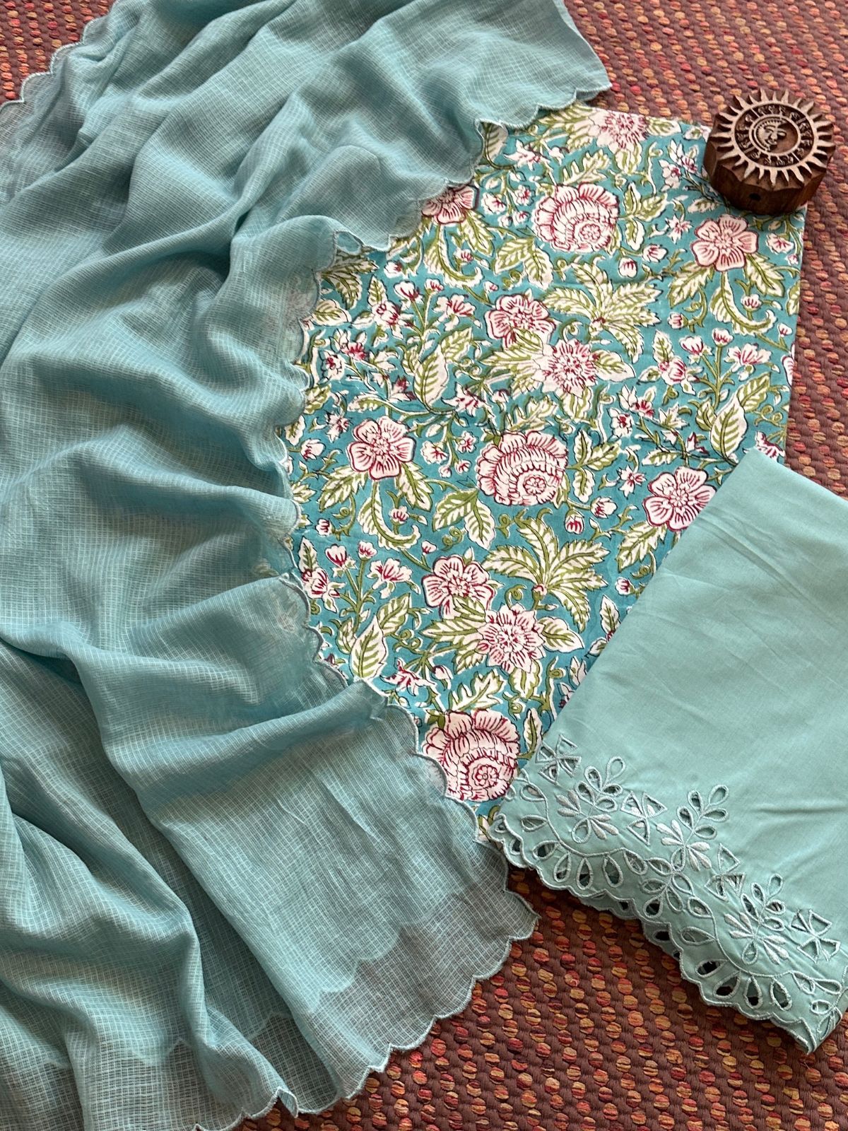 Pure Cotton Hand-blocked Fabric with Cutwork Bottom & Kota Doria Dupatta