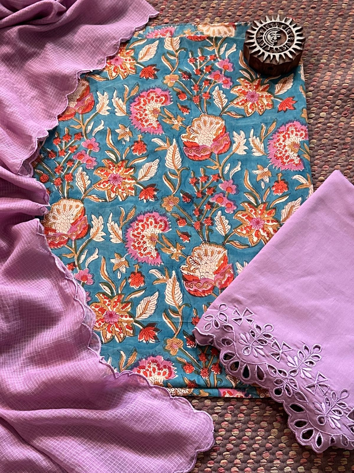 Pure Cotton Hand-blocked Fabric with Cutwork Bottom & Kota Doria Dupatta