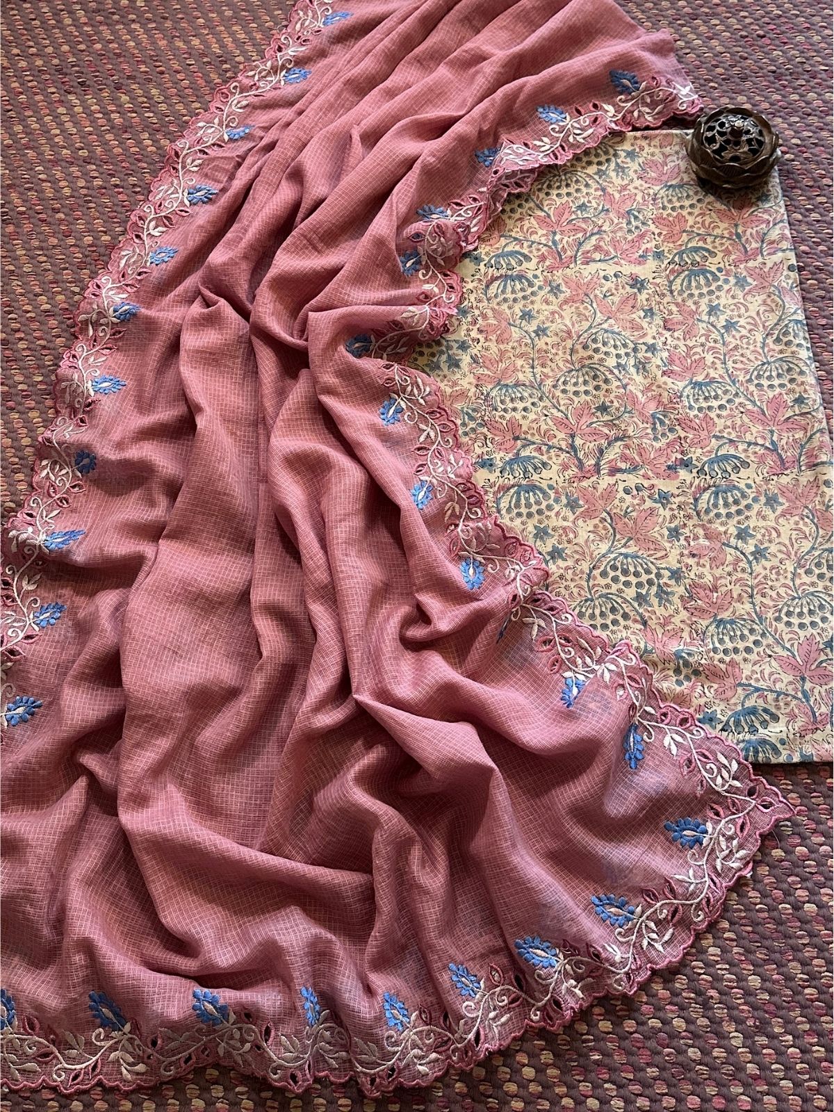 Pure Cotton Malmal Handblock Fabric with Cutwork Embroidered Dupatta