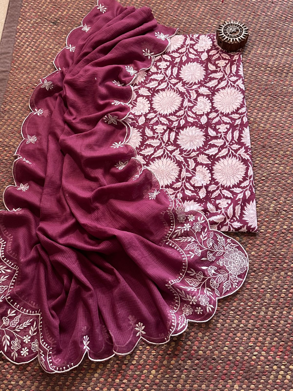 Pure Cotton Hand-blocked fabric set with Embroidered Dupatta