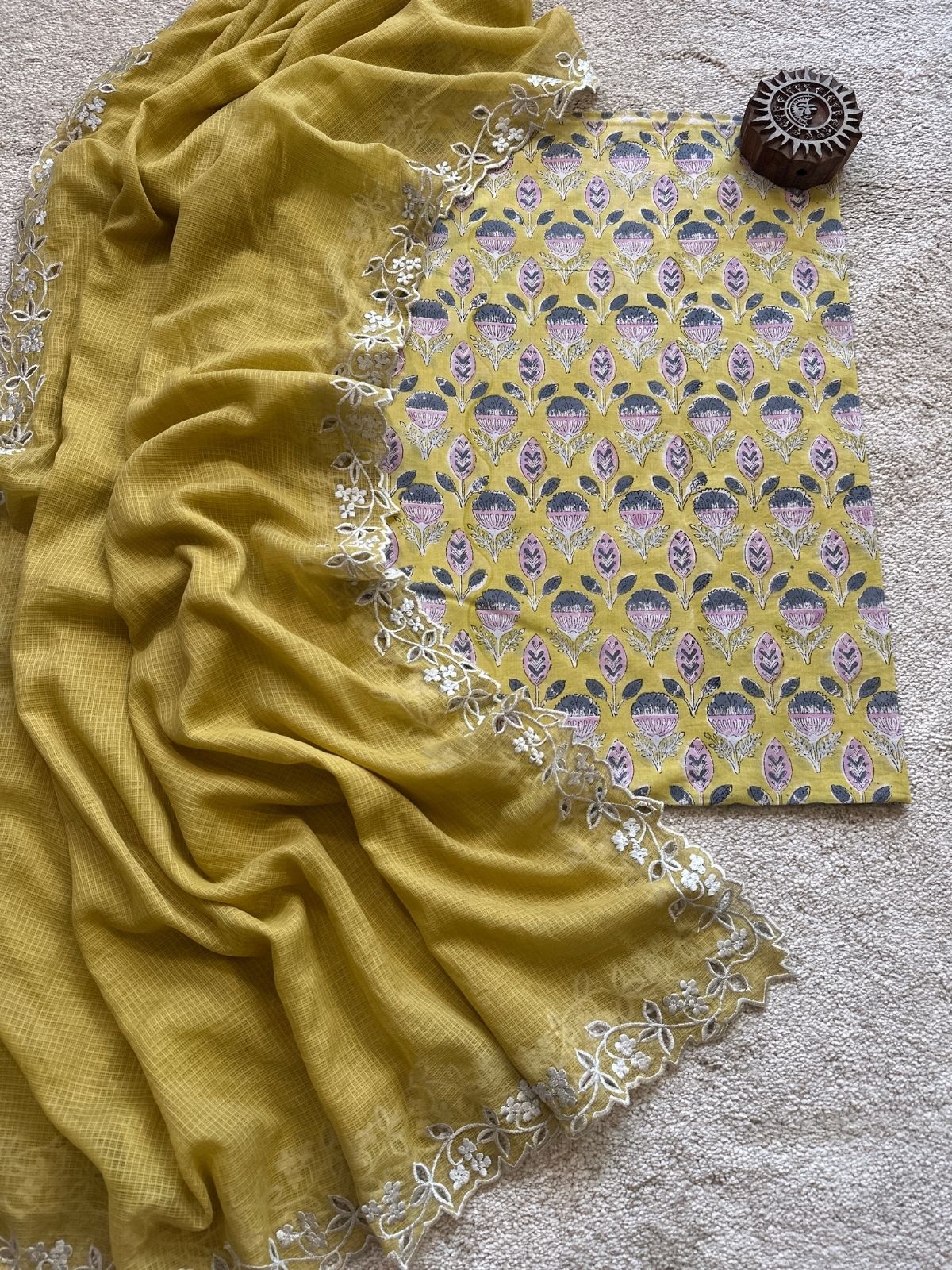 Ketaki Set- Sanganeri Block Print Fabric with Cutwork Embroidered Dupatta