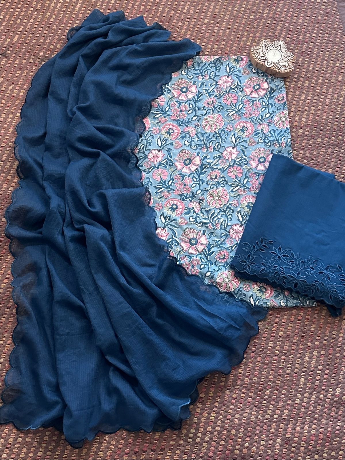 Pure Cotton Hand-blocked Fabric with Cutwork Bottom & Kota Doria Dupatta