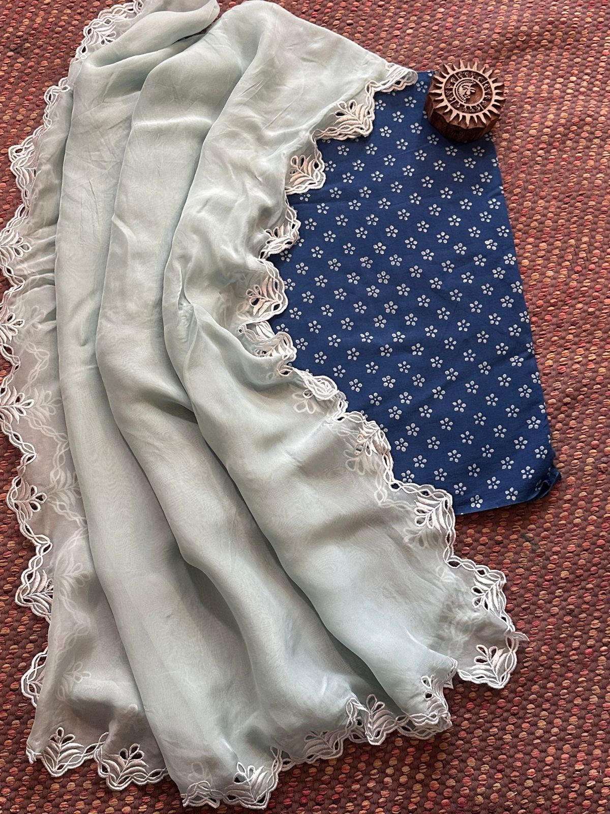 Pure Cotton Indigo Handblocked Fabric with Exclusive Cutwork Organza Dupatta