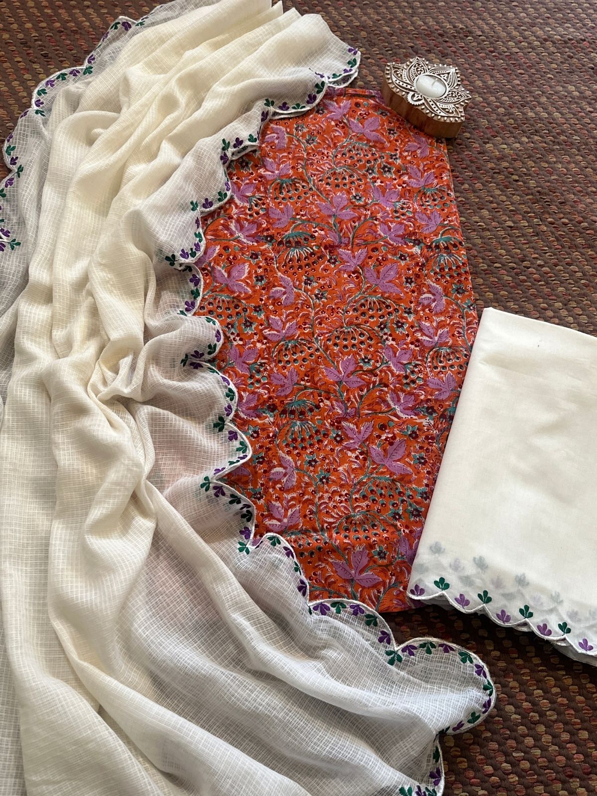Pure Cotton Hand-block Fabric with Embroidered Bottom & Kota Doria Dupatta