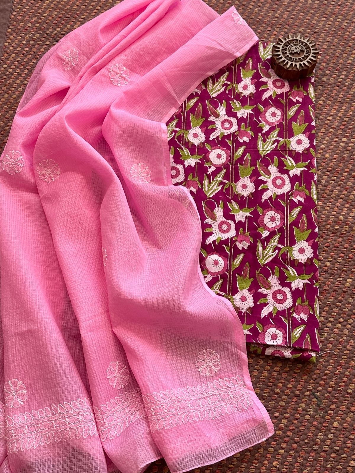 Pure Cotton Hand Blocked Fabric with Chikankari Dupatta