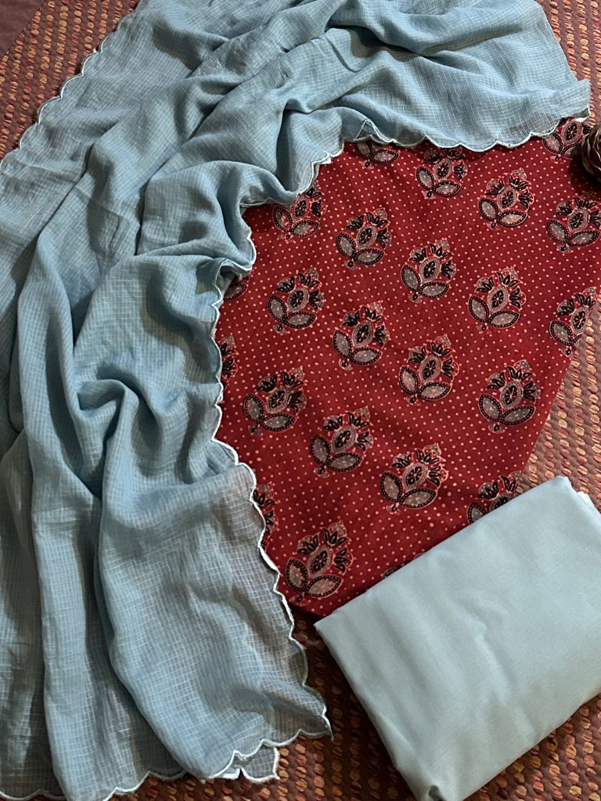 Pure Cotton Malmal Handblocked Ajrak Fabric Set