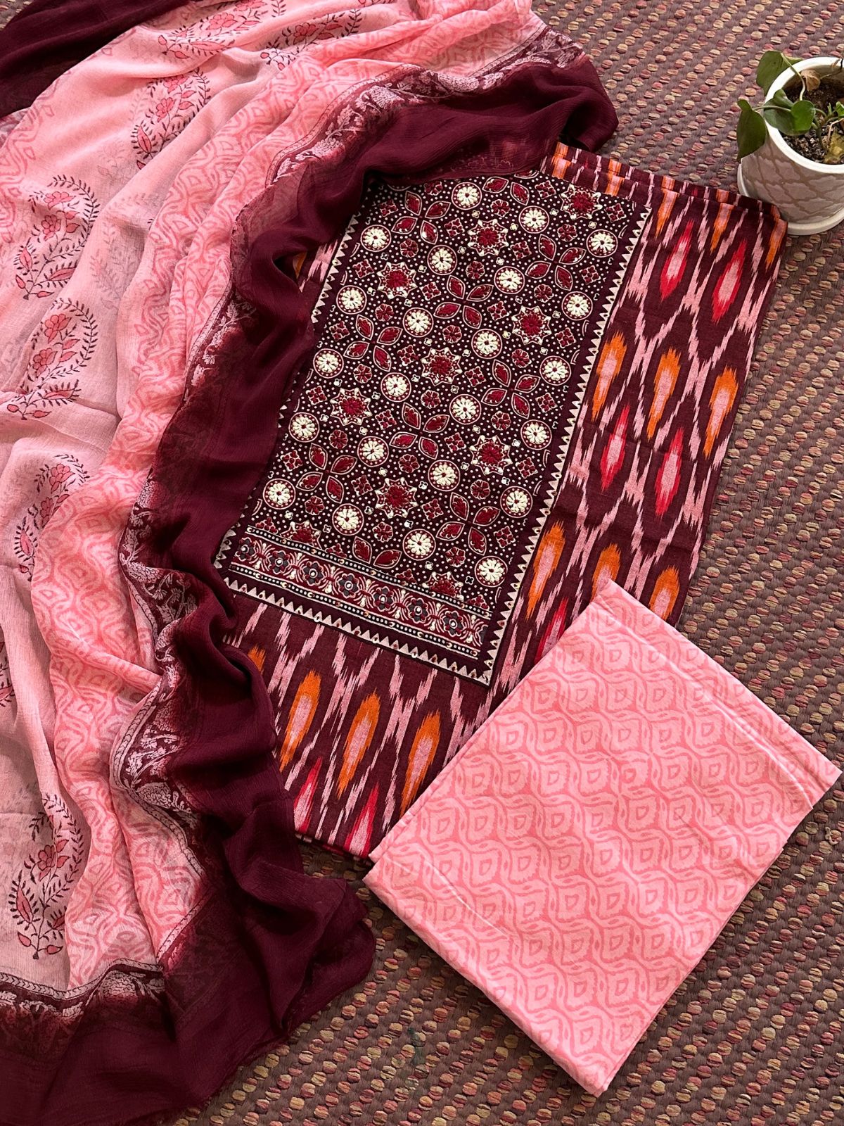 Pure Cotton Handblocked Unstitched Set with Chiffon Dupatta