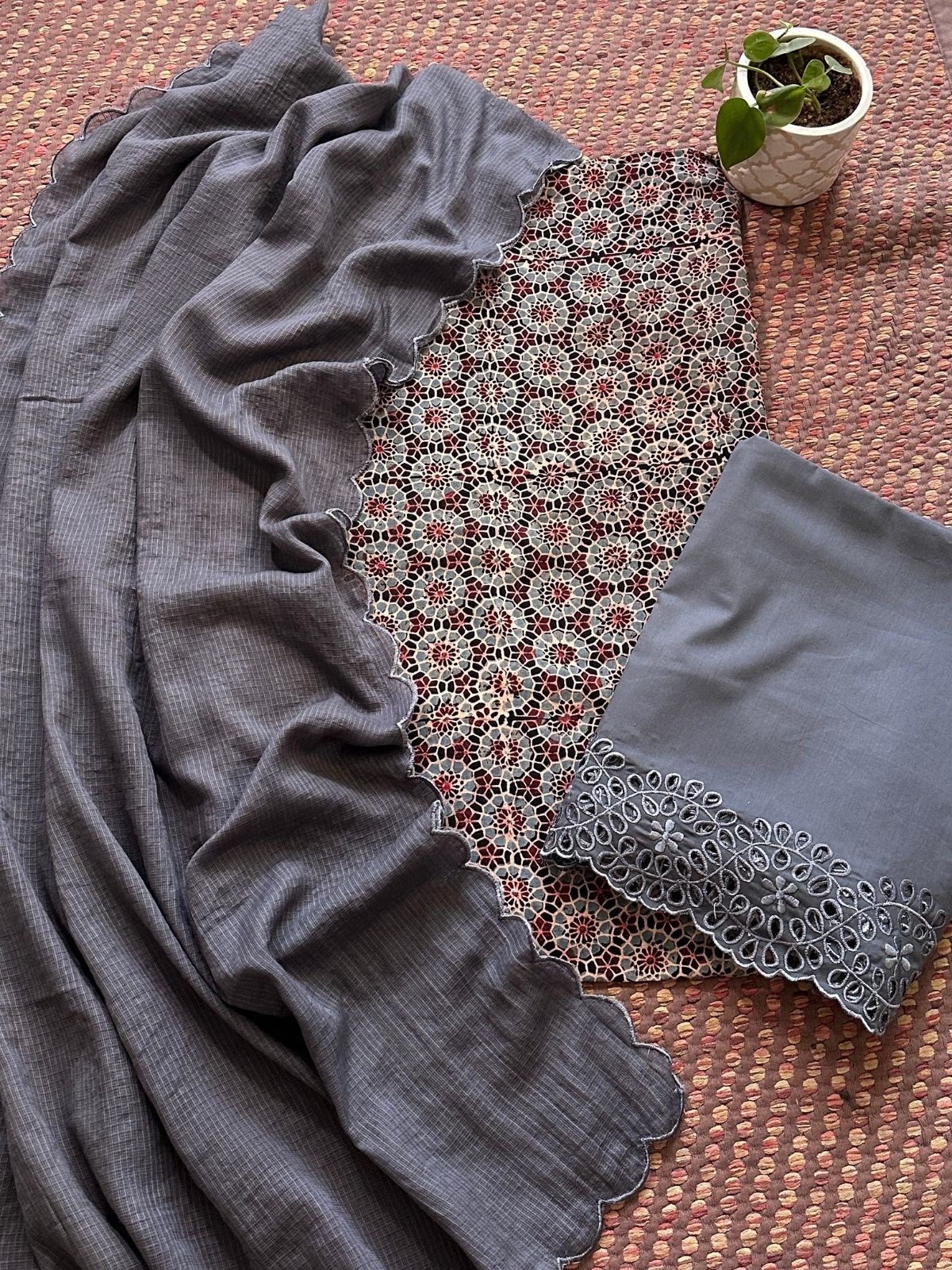 Pure Cotton Malmal  AjFabric with Exclusive Cutwork Bottom & Kota Doria Dupatta