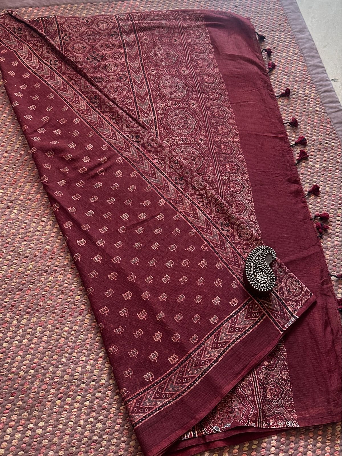 Ajrak Handblocked Kota Doria Embroidered Saree with Blouse Fabric