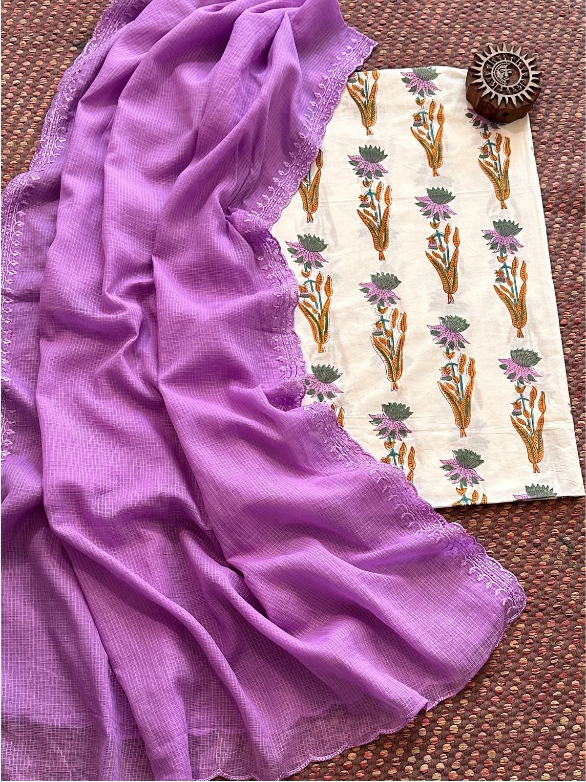 Pure Cotton Malmal Handblock Fabric with Embroidered Kota Dupatta