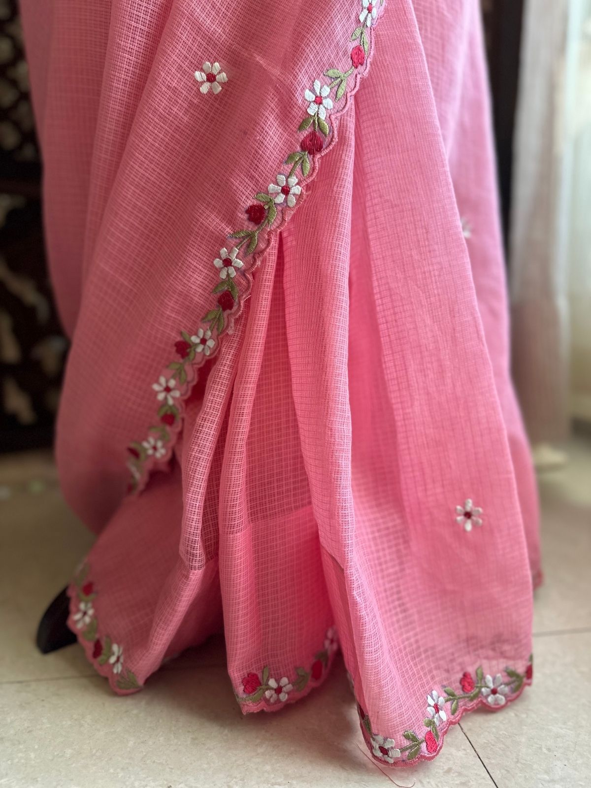 Kota Doria Embroidered Saree with Hand Block Blouse fabric
