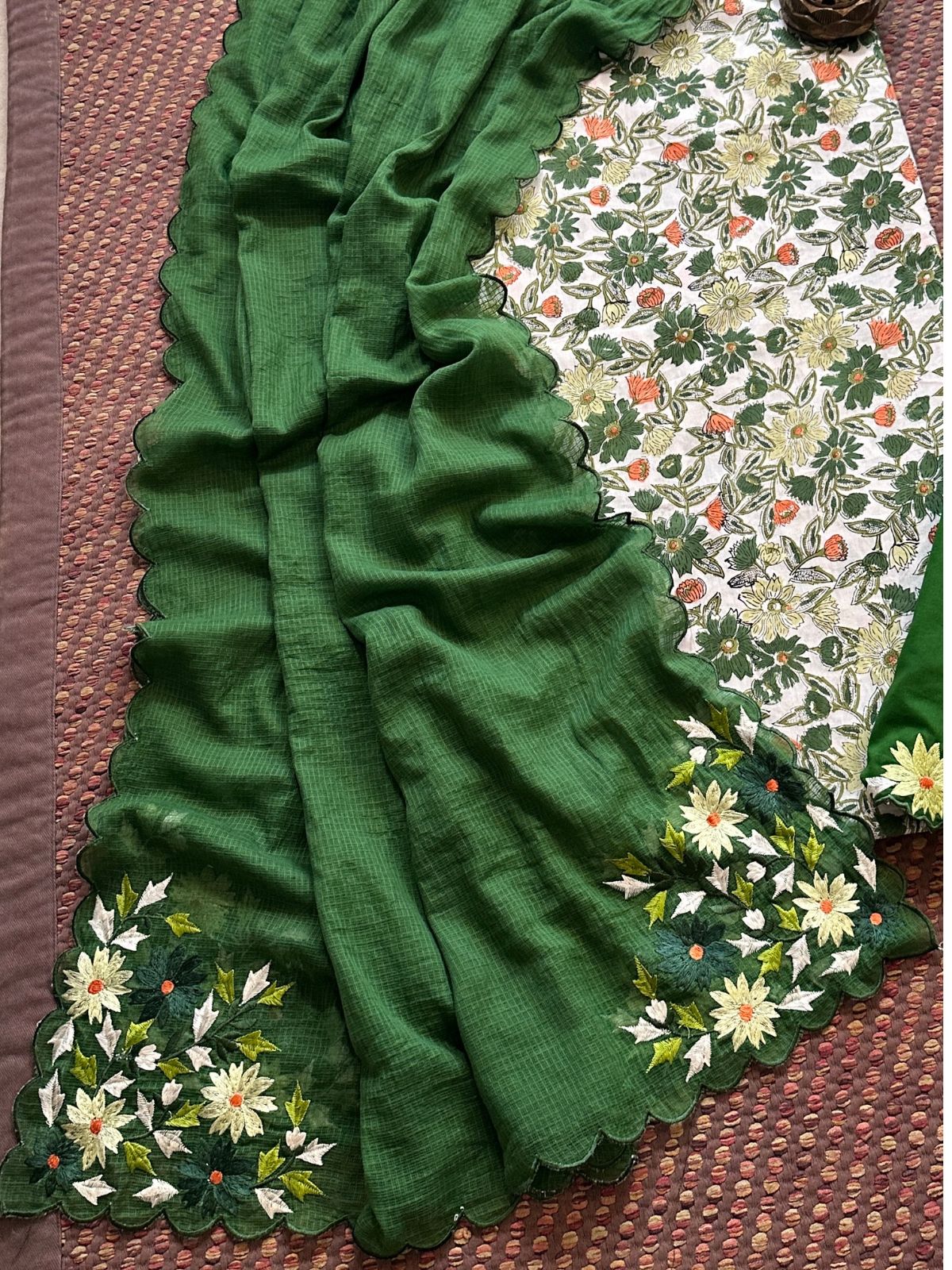 Pure Cotton Handblocked Fabric with Embroidered Dupatta & Bottom