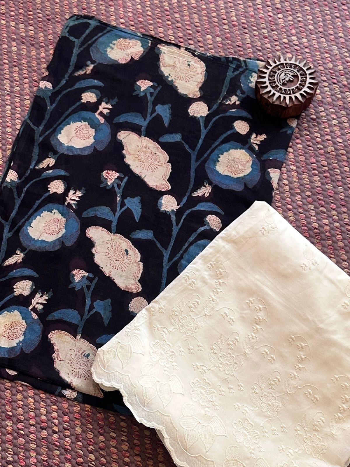 Pure Cotton Mul Fabric in natural dyes with & Embroidered Bottom