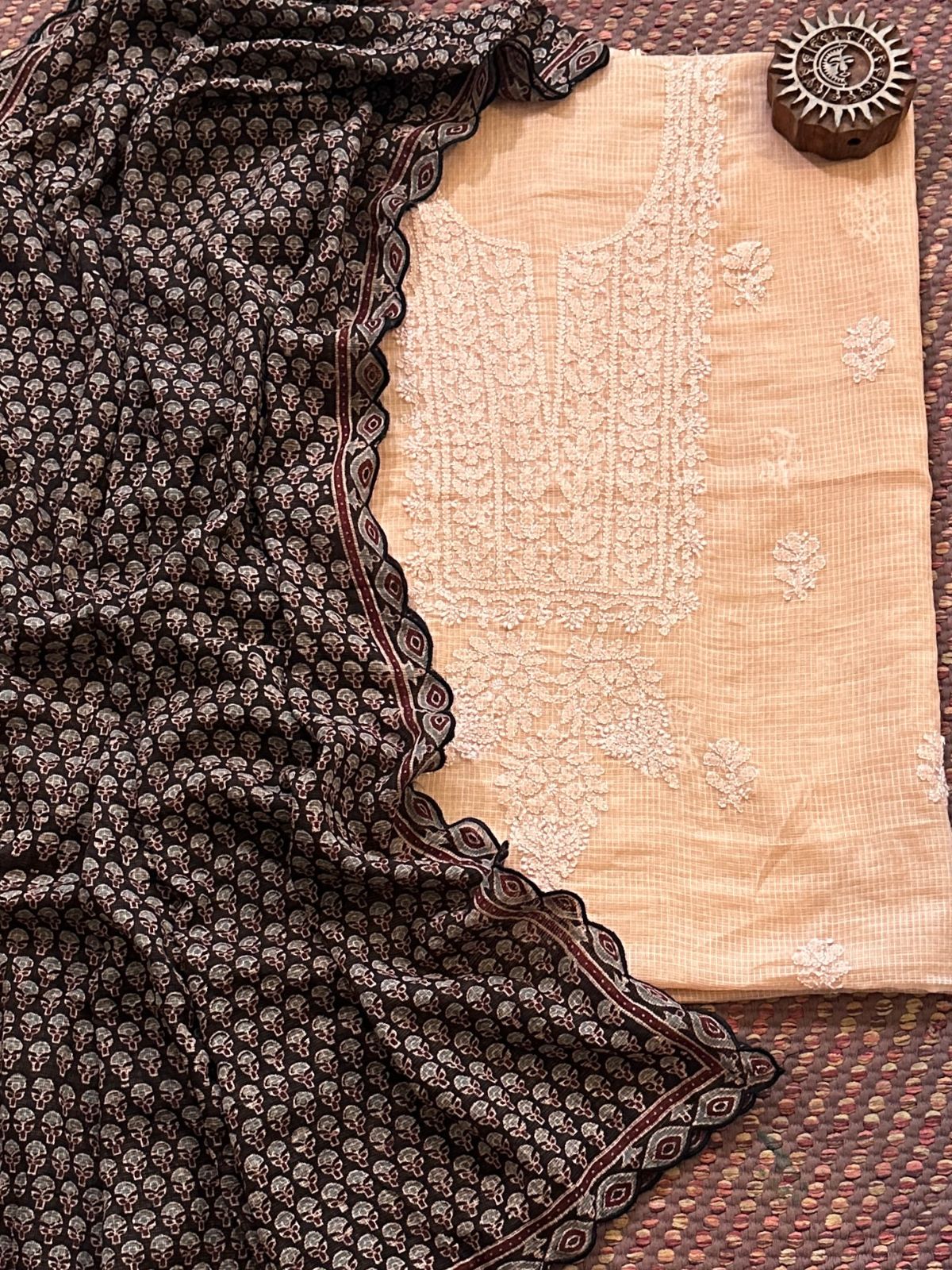 Chikankari Hand Embroidered Fabric with Ajrak Hadblocked Kota Dupatta