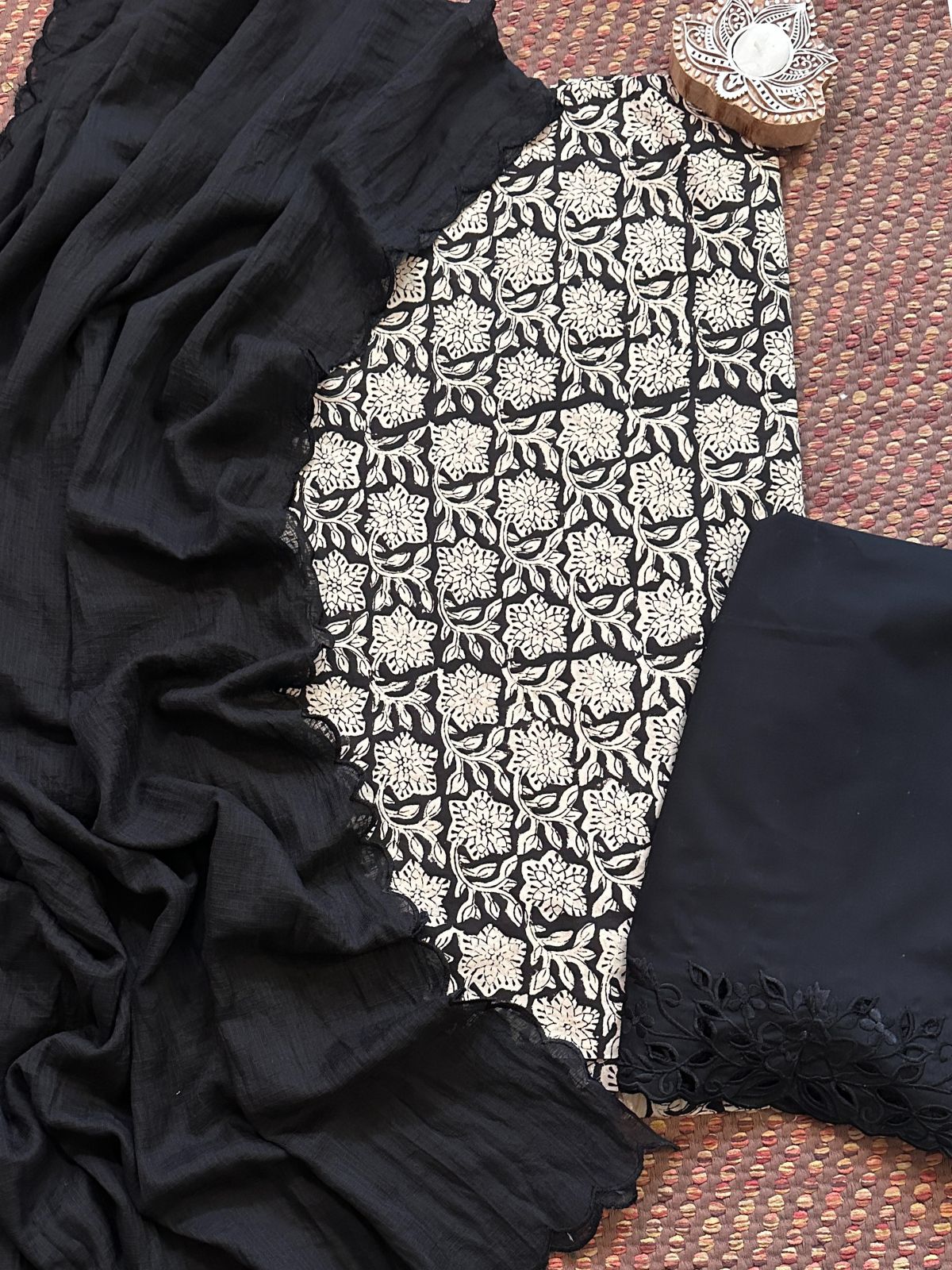 Pure Cotton Hand-blocked Fabric with Cutwork Bottom & Kota Doria Dupatta