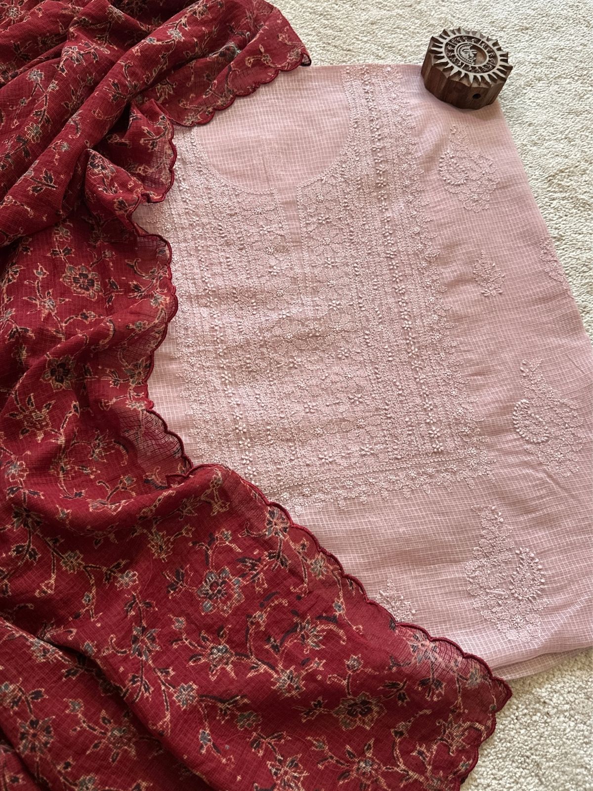Chikankari Hand Embroidered Fabric with Ajrak Hadblocked Kota Dupatta