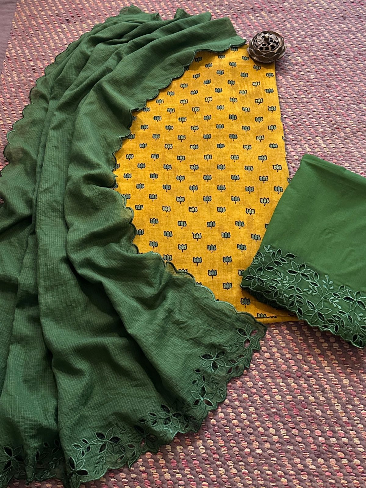 Pure Cotton Malmal  Hand-blocked Ajrak Fabric with Cutwork Bottom & Kota Doria Dupatta