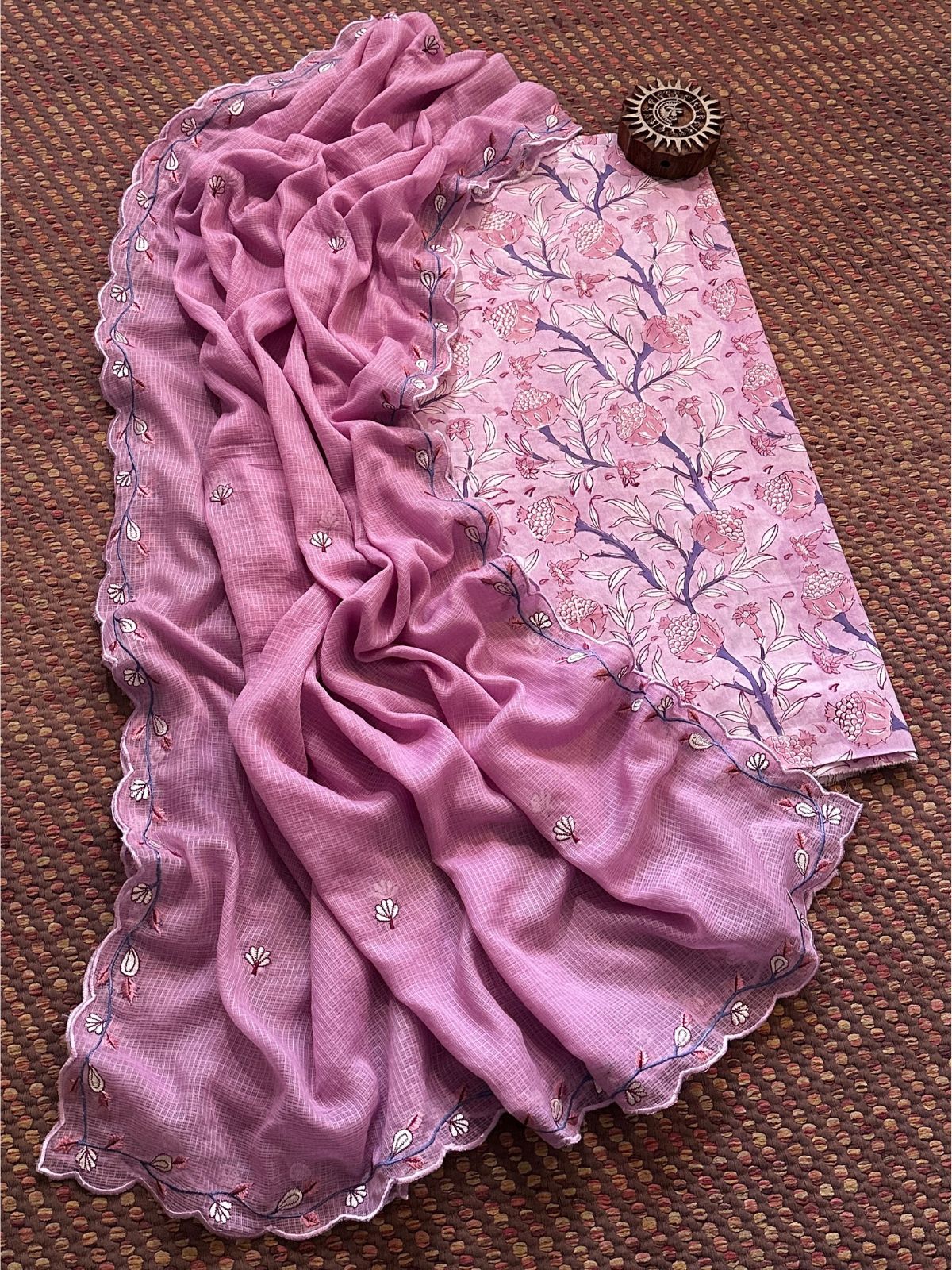 Pure Cotton Hand-blocked fabric set with Embroidered Dupatta