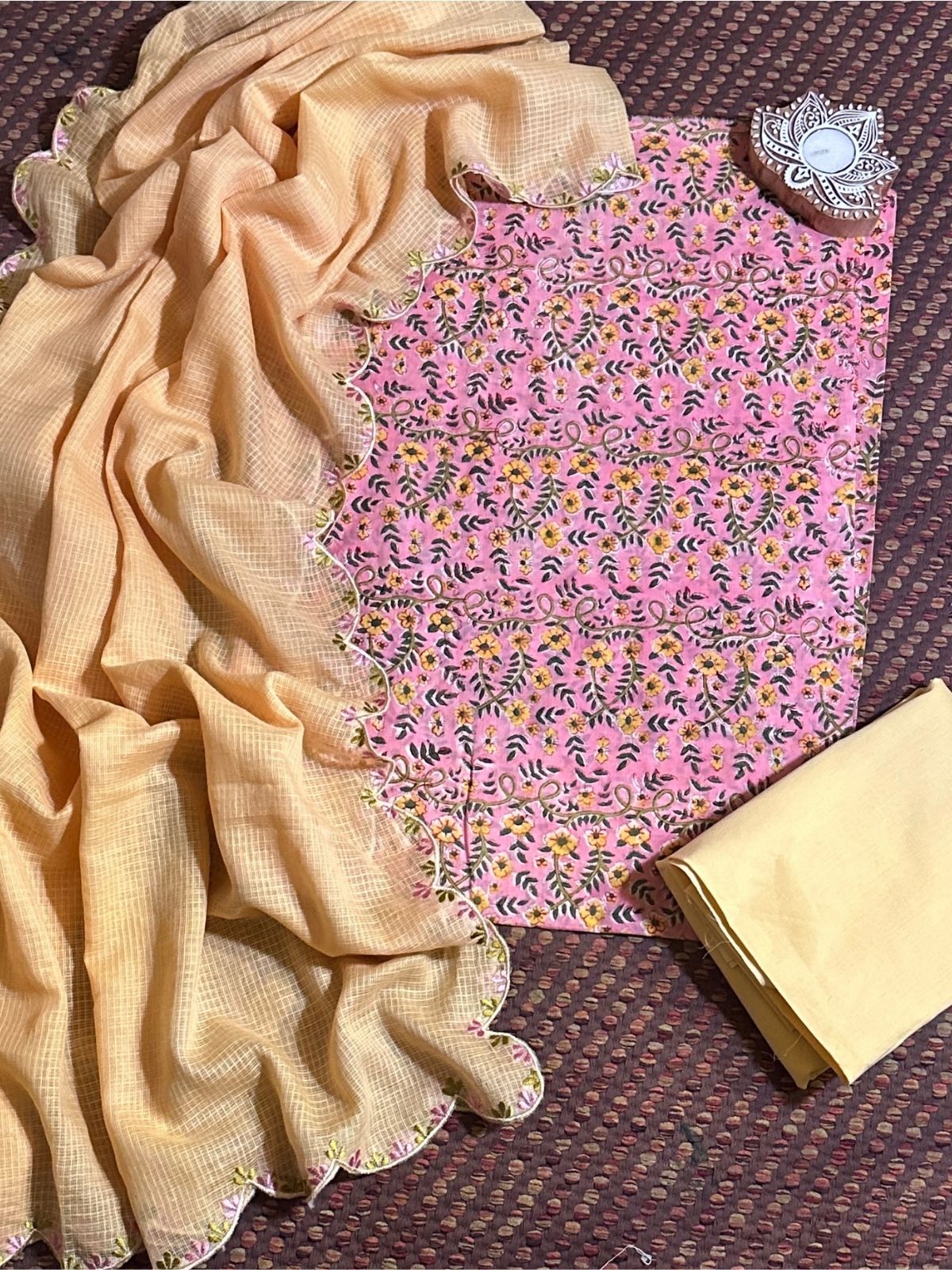 Pure Cotton malmal Hand-block Fabric with Embroidered Kota Doria Dupatta