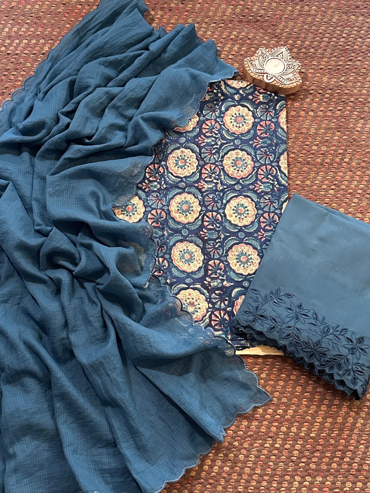 Pure Cotton Hand-blocked Fabric with Cutwork Bottom & Kota Doria Dupatta