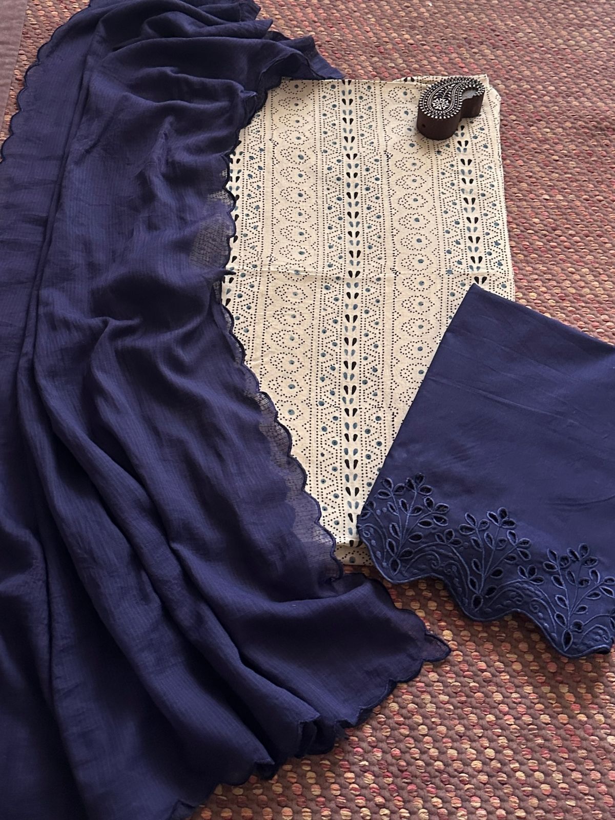 Pure Cotton Malmal  Ajrakh Fabric with Exclusive Cutwork Bottom & Kota Doria Dupatta