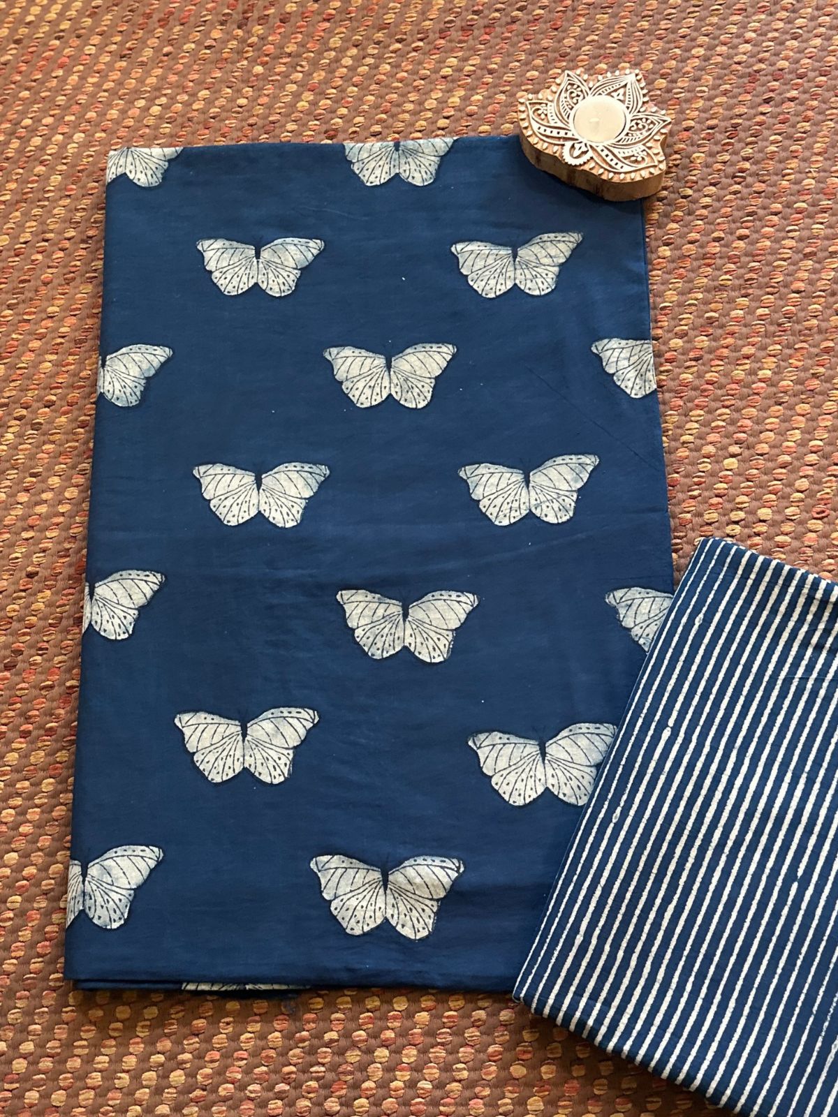 Pure Cotton Indigo Handblocked Fabric Unstitched Set- Top & Bottom
