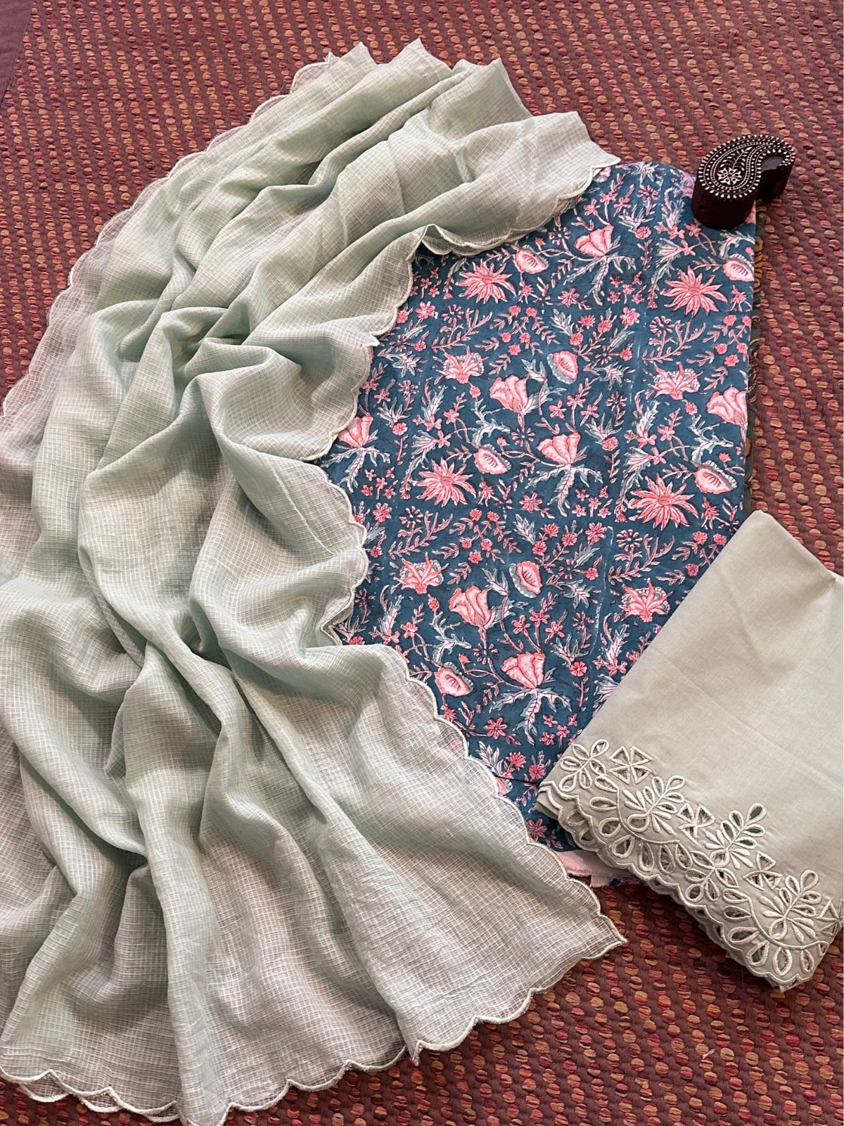 Pure Cotton Hand-blocked Fabric with Cutwork Bottom & Kota Doria Dupatta