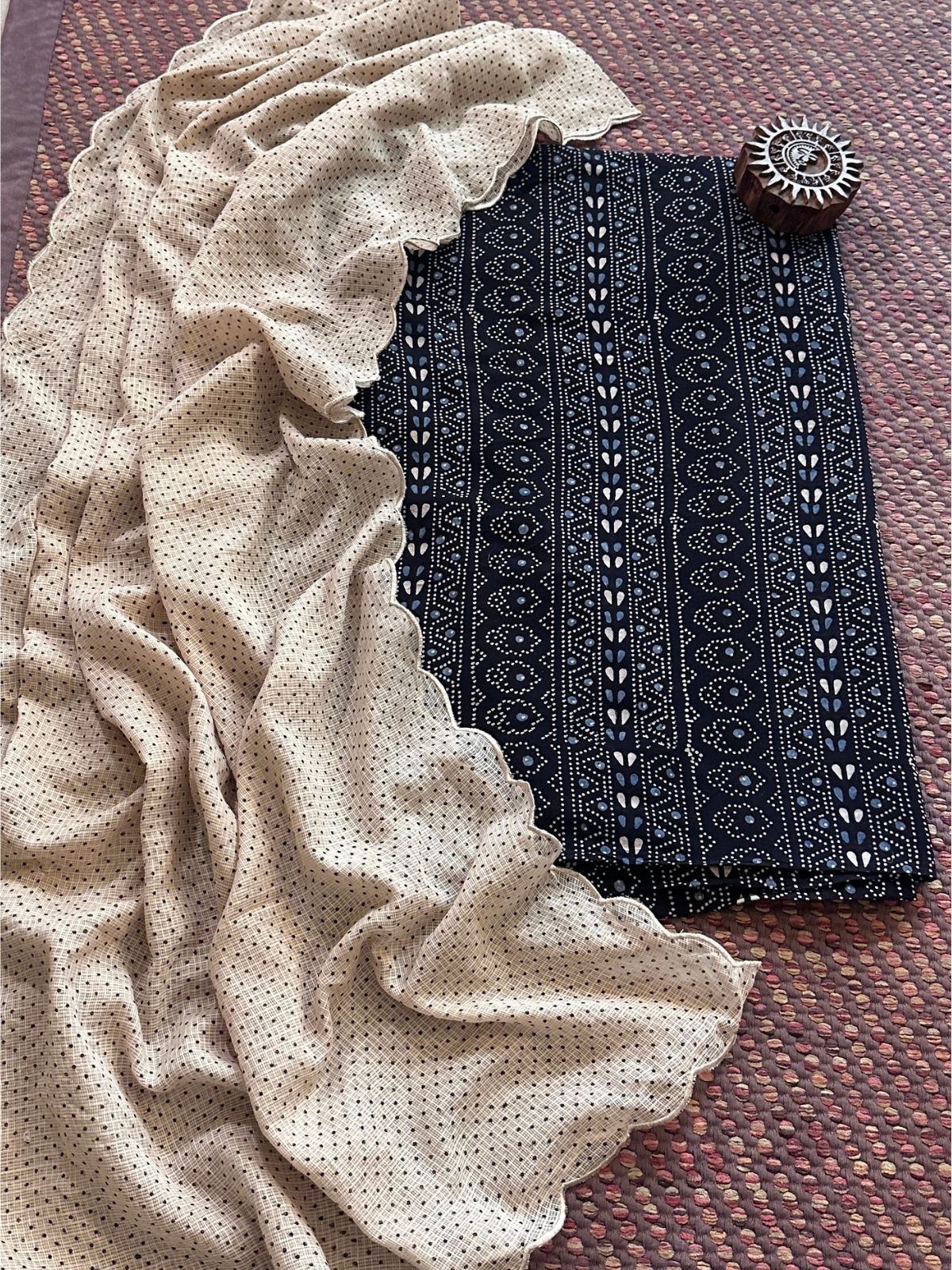 Ajrakh Cotton Malmal Handblocked Set- Top & Dupatta
