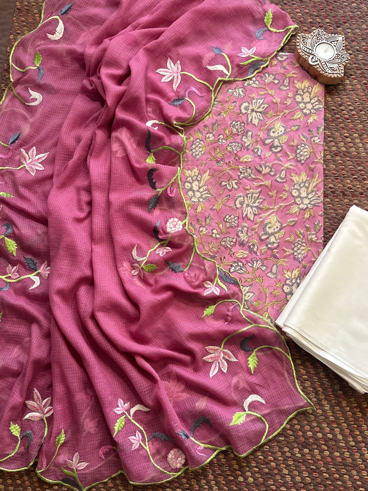 Pure Cotton Hand-blocked Fabric with Embroidered Dupatta
