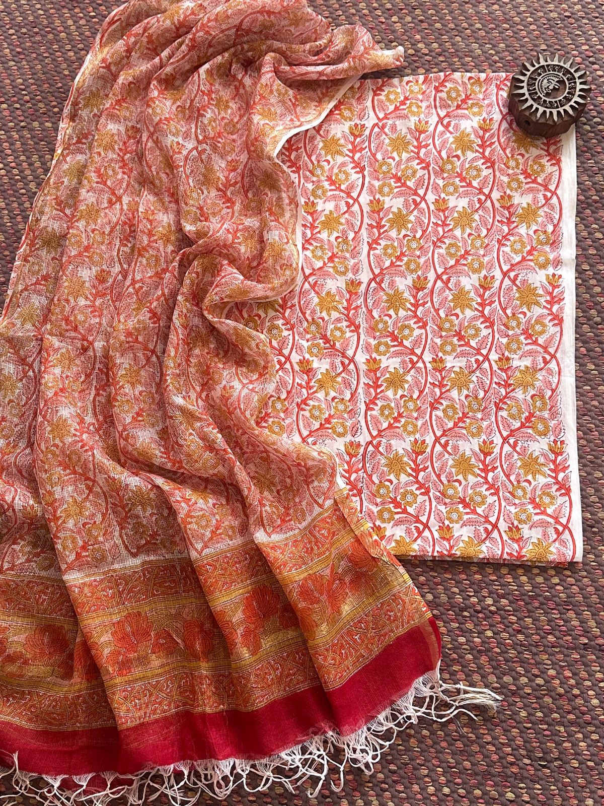 Pure cotton hand-blocked fabric with kota doria embroidered dupatta