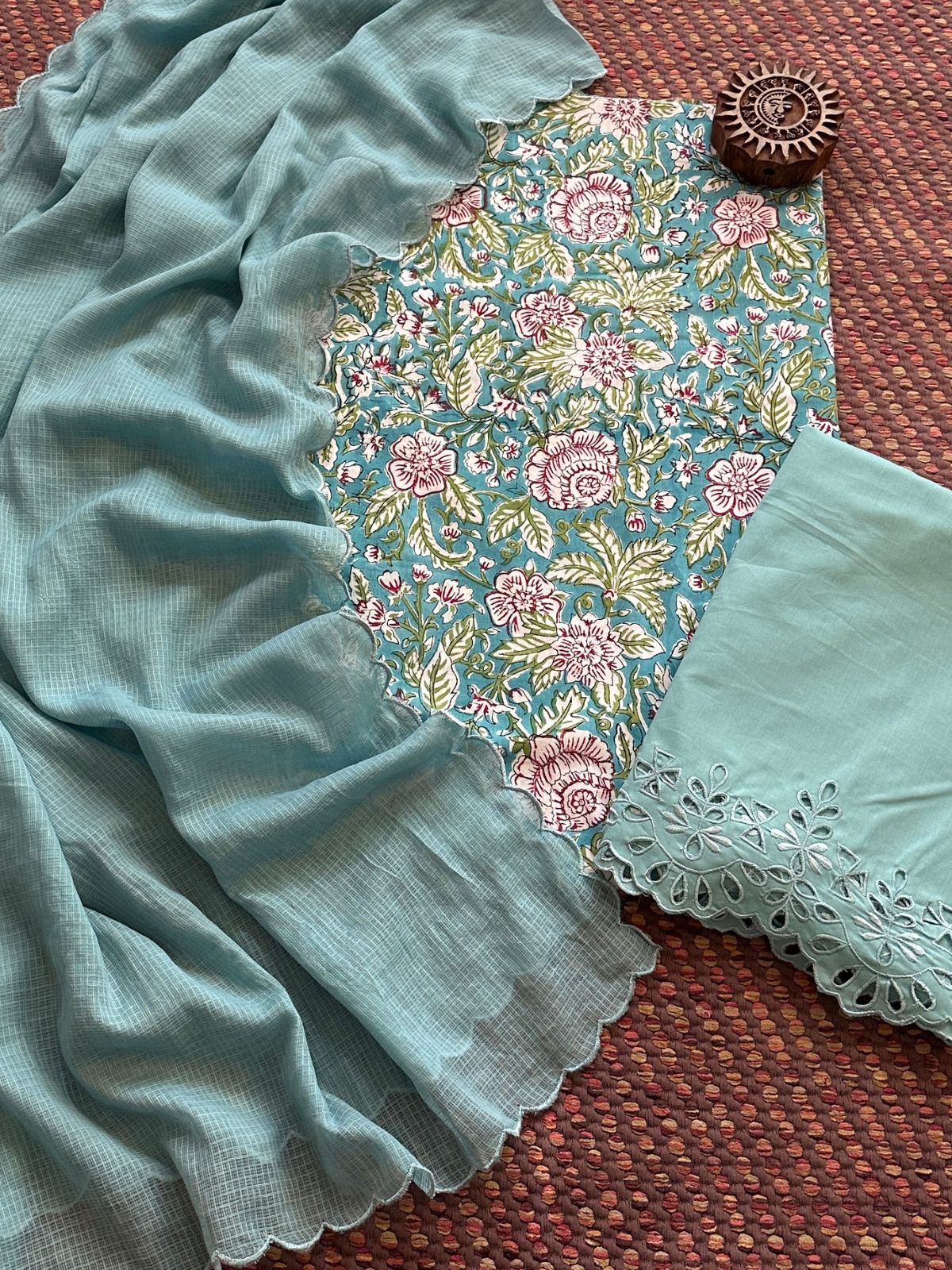 Pure Cotton Hand-blocked Fabric with Cutwork Bottom & Kota Doria Dupatta