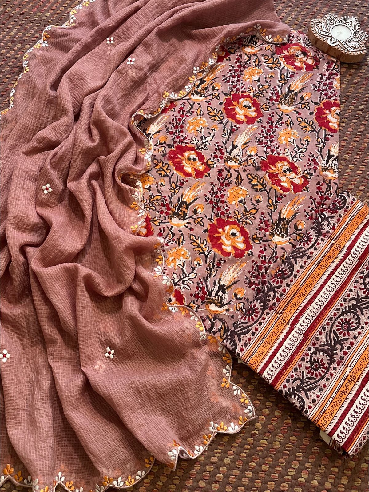 Premium Pure Cotton Malmal Hand blocked Set with Embroidered Dupatta