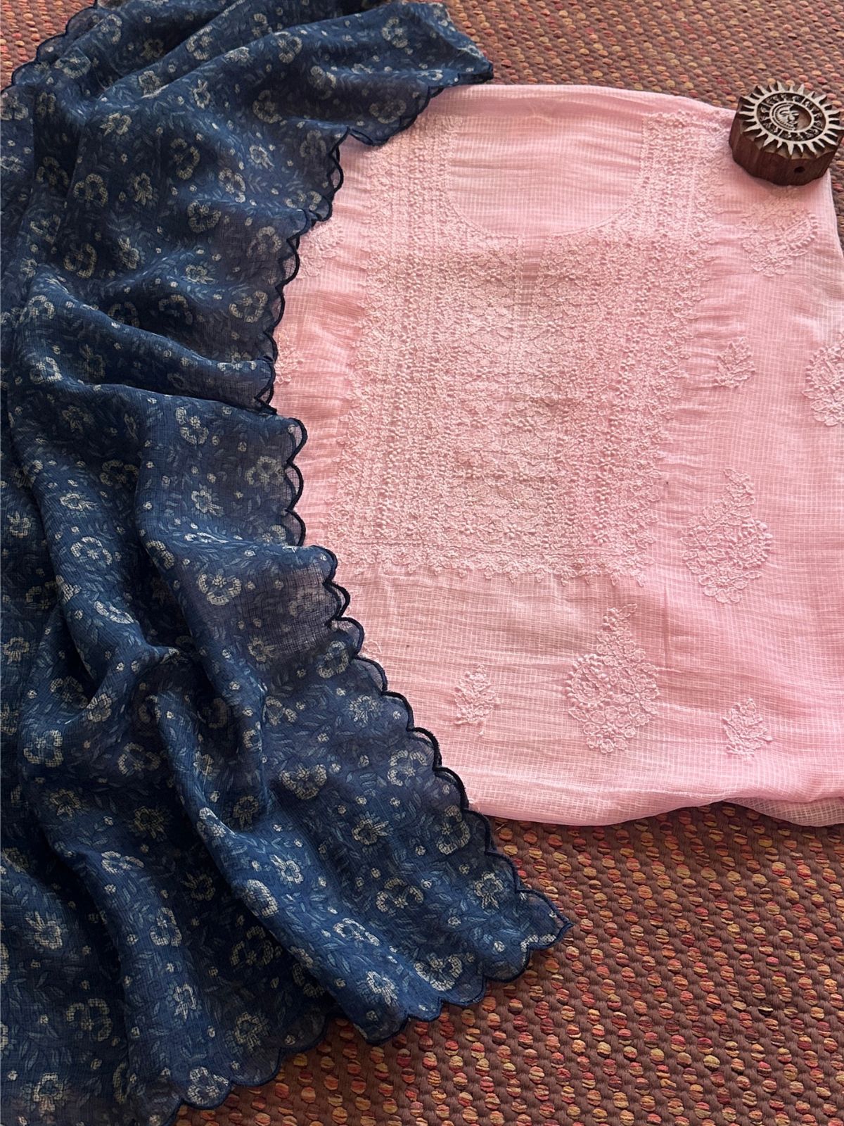 Chikankari Hand Embroidered Fabric with Indigo Hadblocked Kota Dupatta