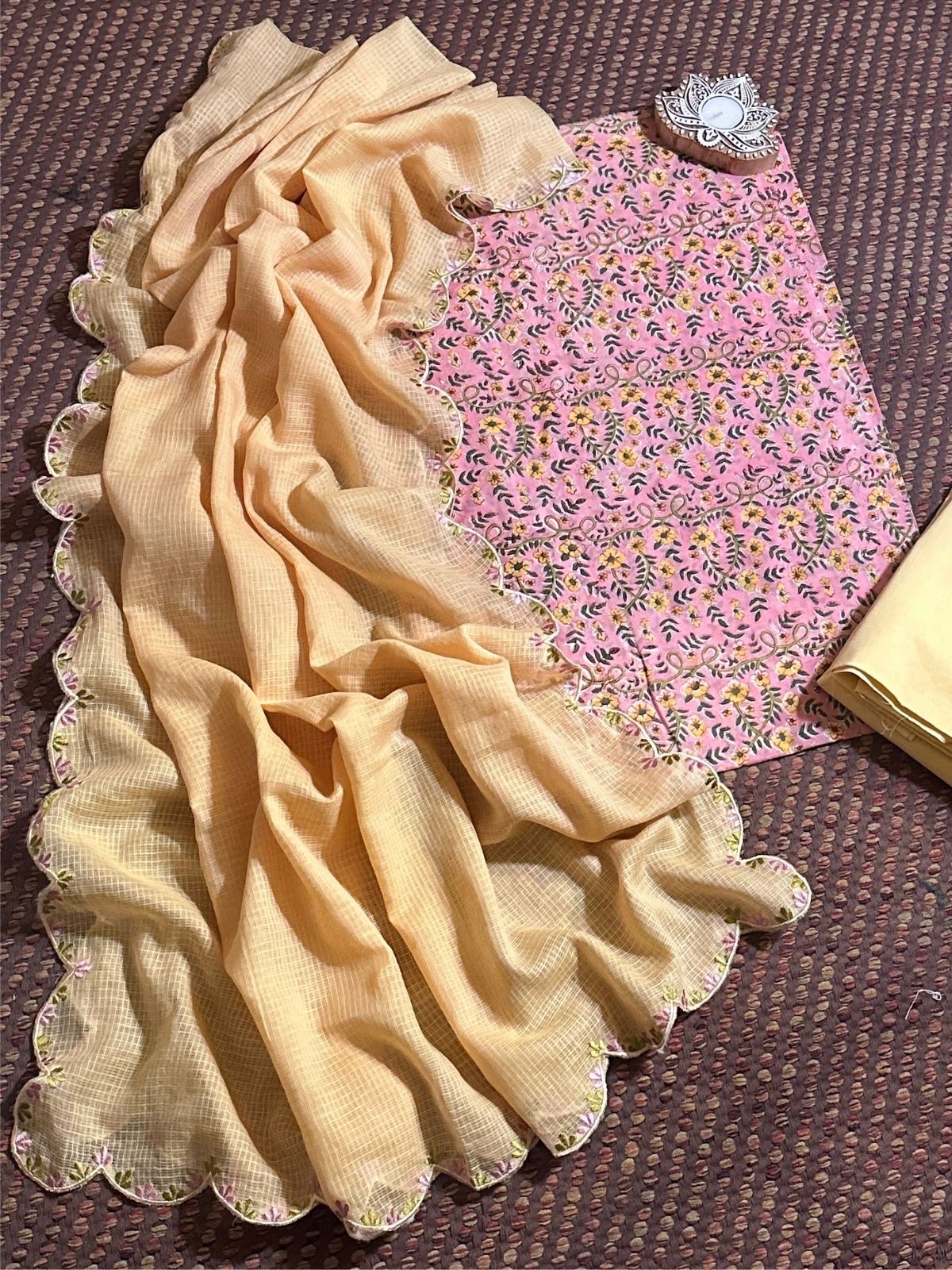 Pure Cotton malmal Hand-block Fabric with Embroidered Kota Doria Dupatta