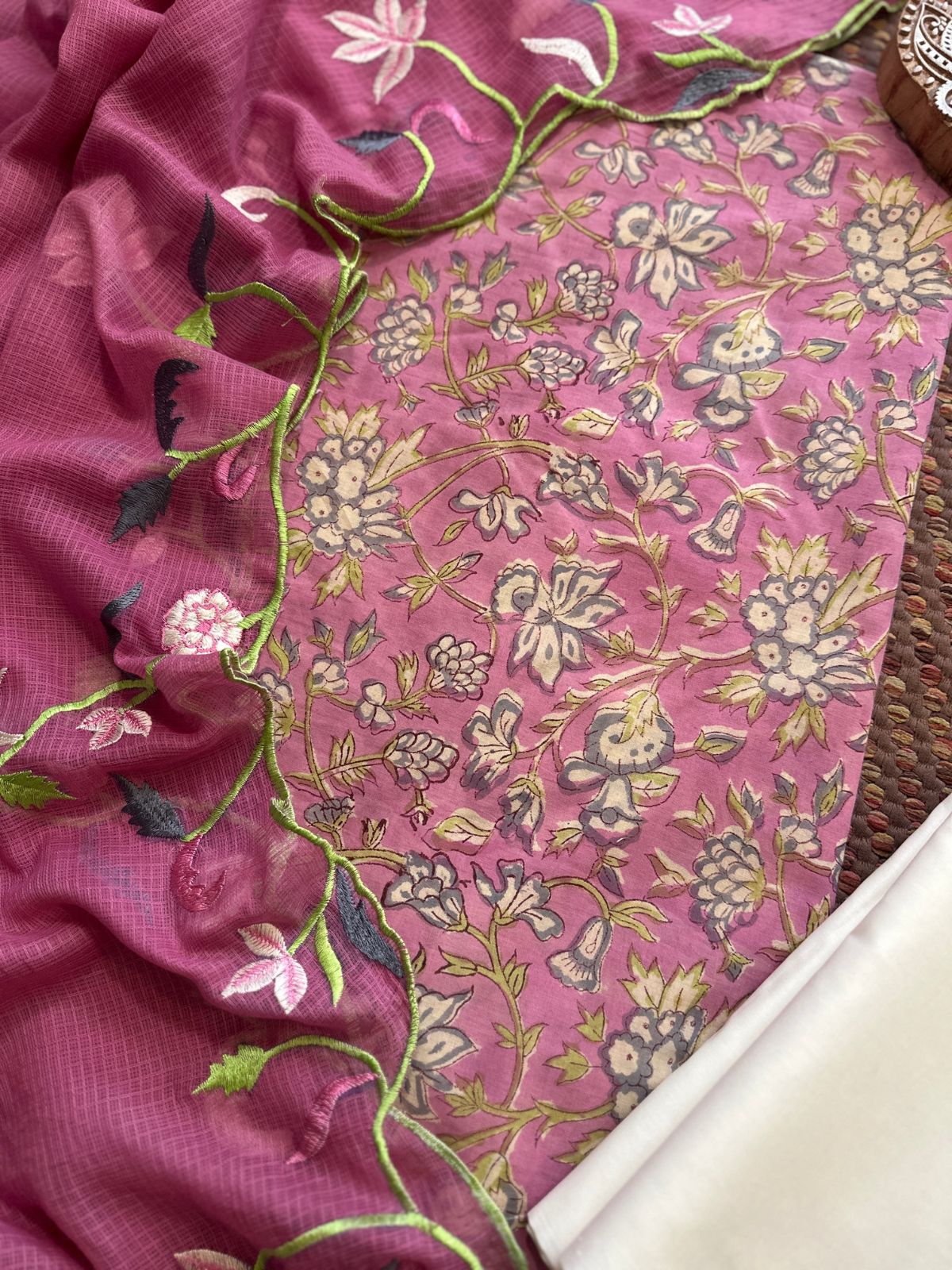 Pure Cotton Hand-blocked Fabric with Embroidered Dupatta