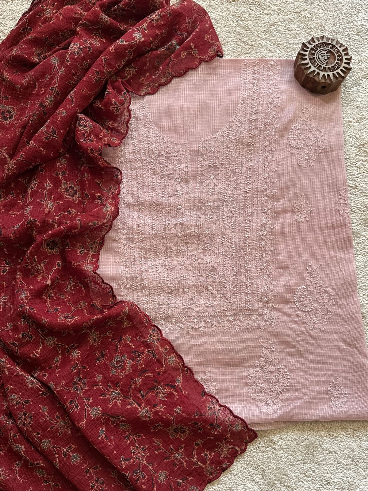 Chikankari Hand Embroidered Fabric with Ajrak Hadblocked Kota Dupatta